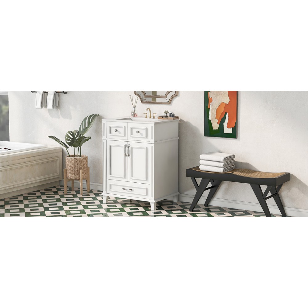 24″ Bathroom Vanity w/ Ceramic Sink, Solid Wood Frame, Soft Close Doors, White