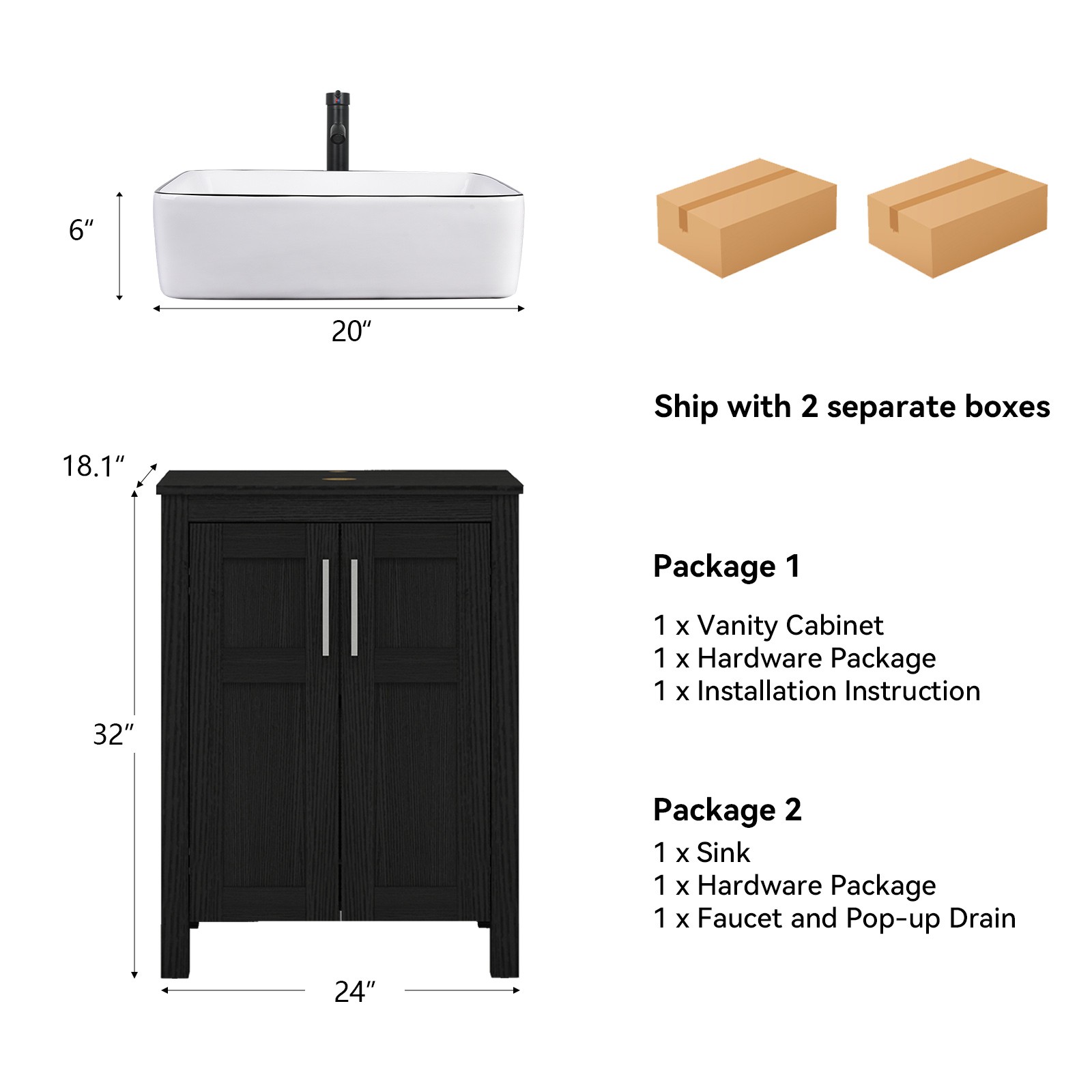 Bathroom Vanity Cabinet With Drawers Mirror Vessel Sink ORB Faucet Set Combo B&W