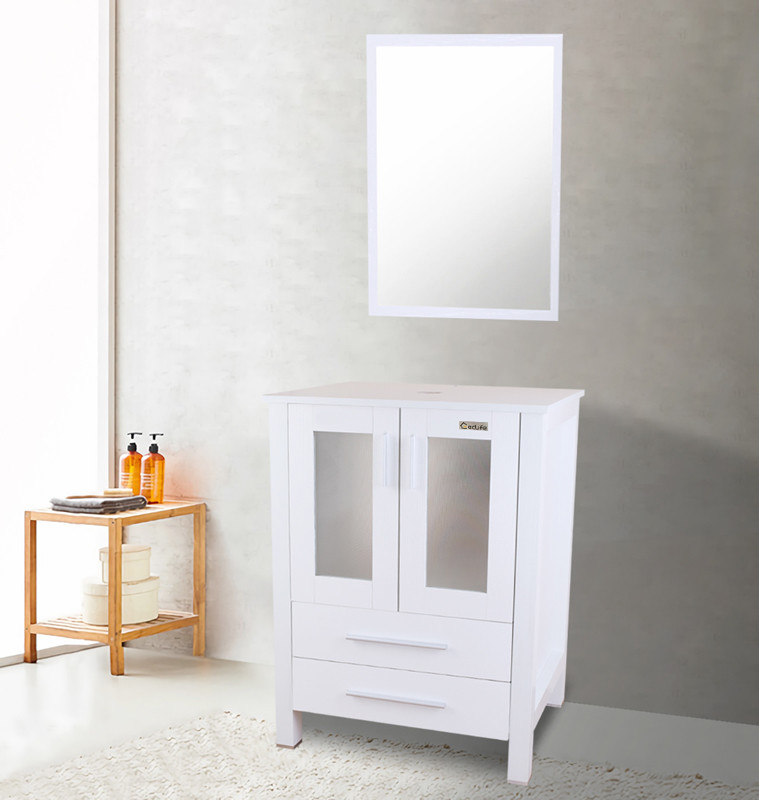 24″ Bathroom Vanity Cabinet W/ Mirror MDF Wood Single White Modern 2 drawer