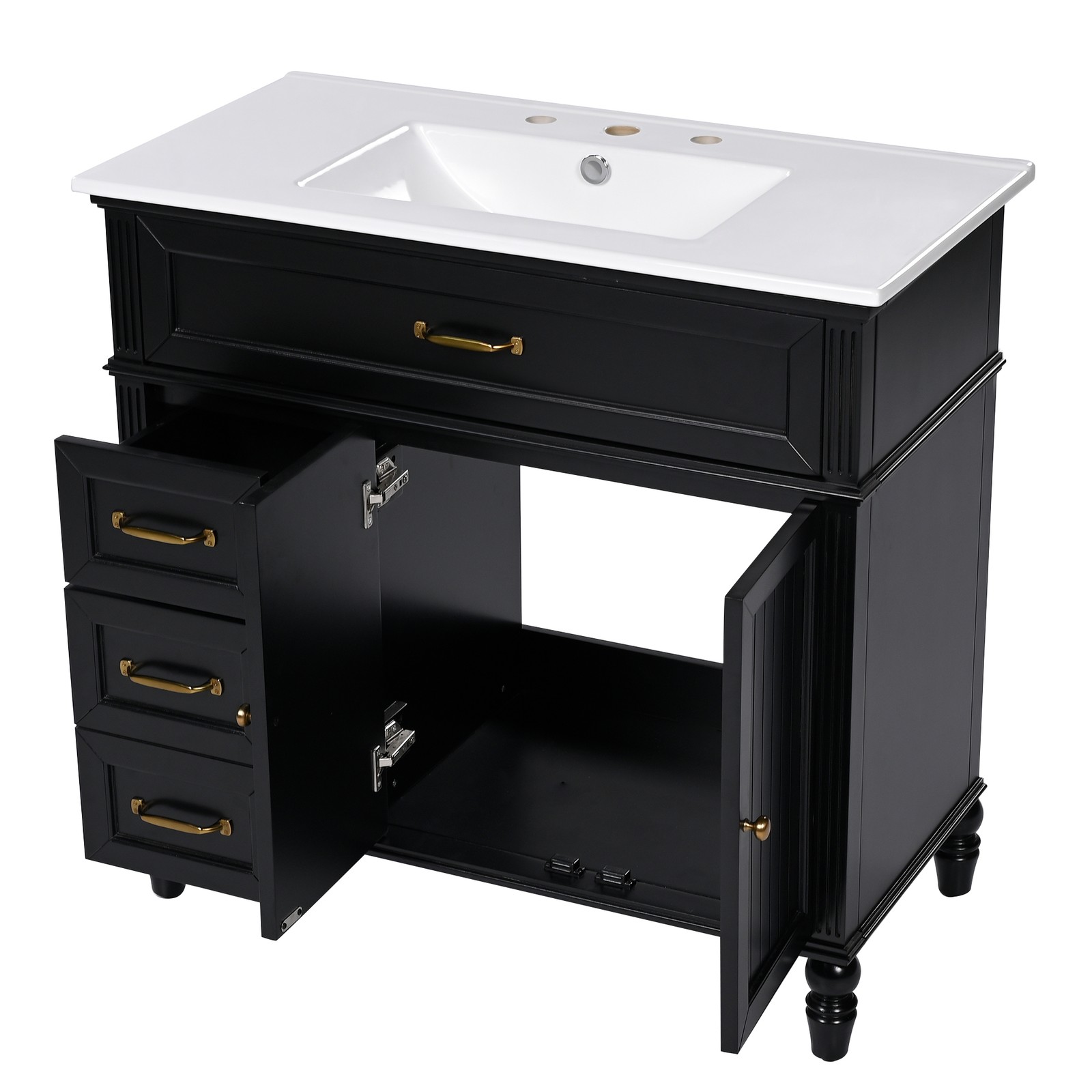 36″ Bathroom Vanity with Sink & Drawers, Black, Solid Wood Frame & MDF
