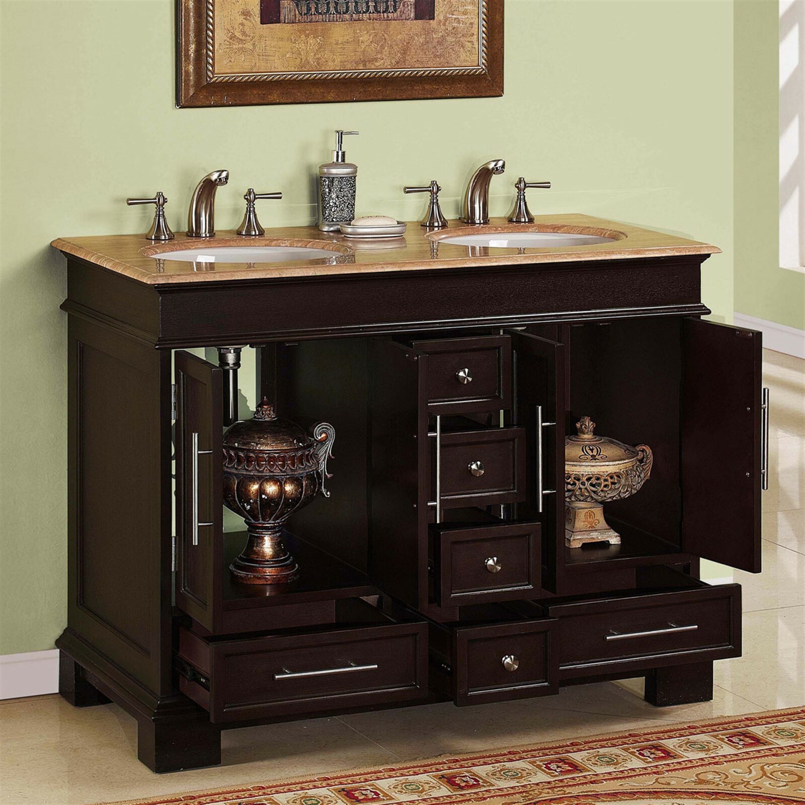 48-inch Compact Double Sink Travertine Stone Top Bathroom Vanity Cabinet 0224TR