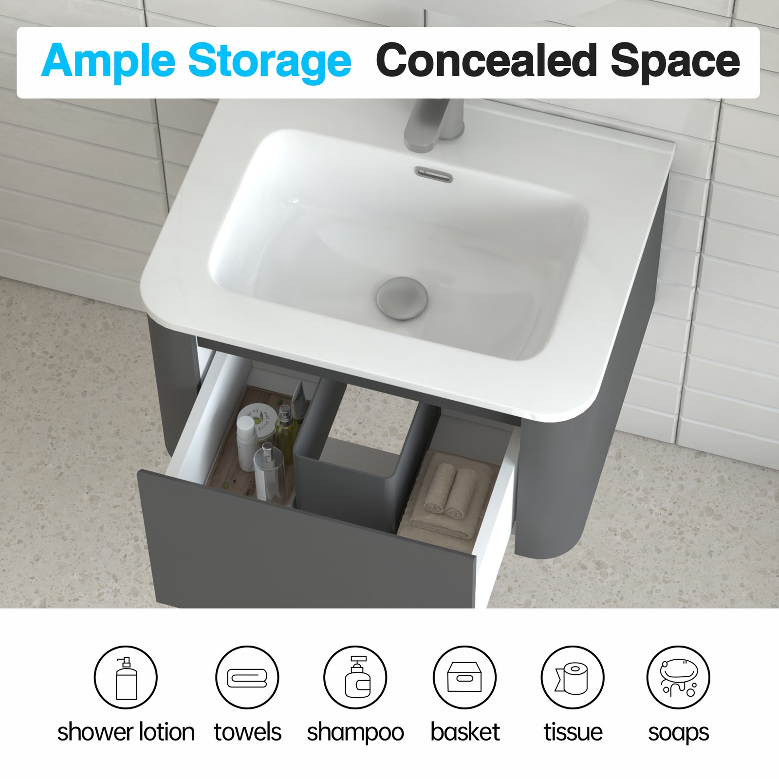 24″ Grey Floating Bathroom Vanity with White Ceramic Integrated Basin