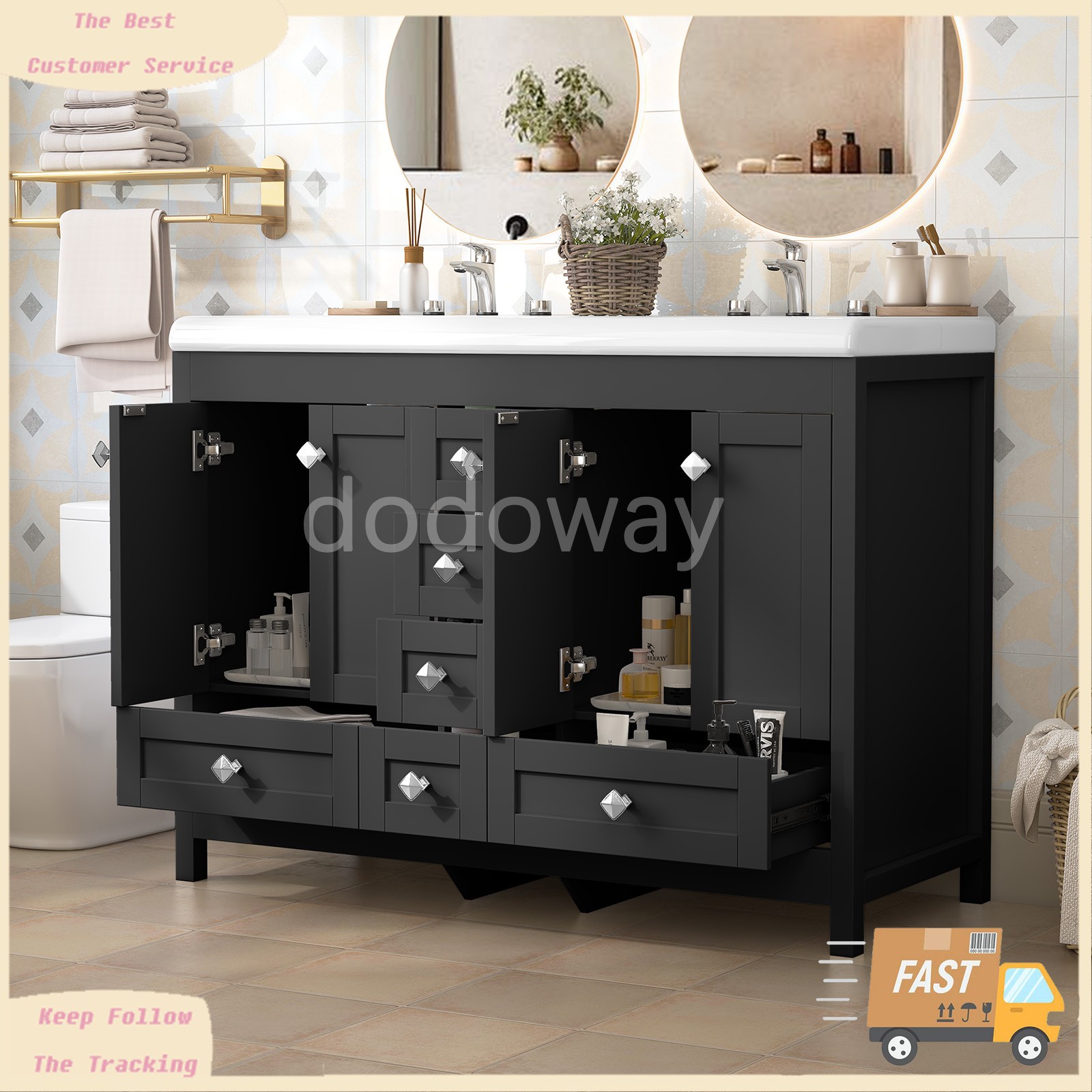 Modern 47″ Double Sink Vanity Freestanding Ceramic Bathroom Cabinet Black