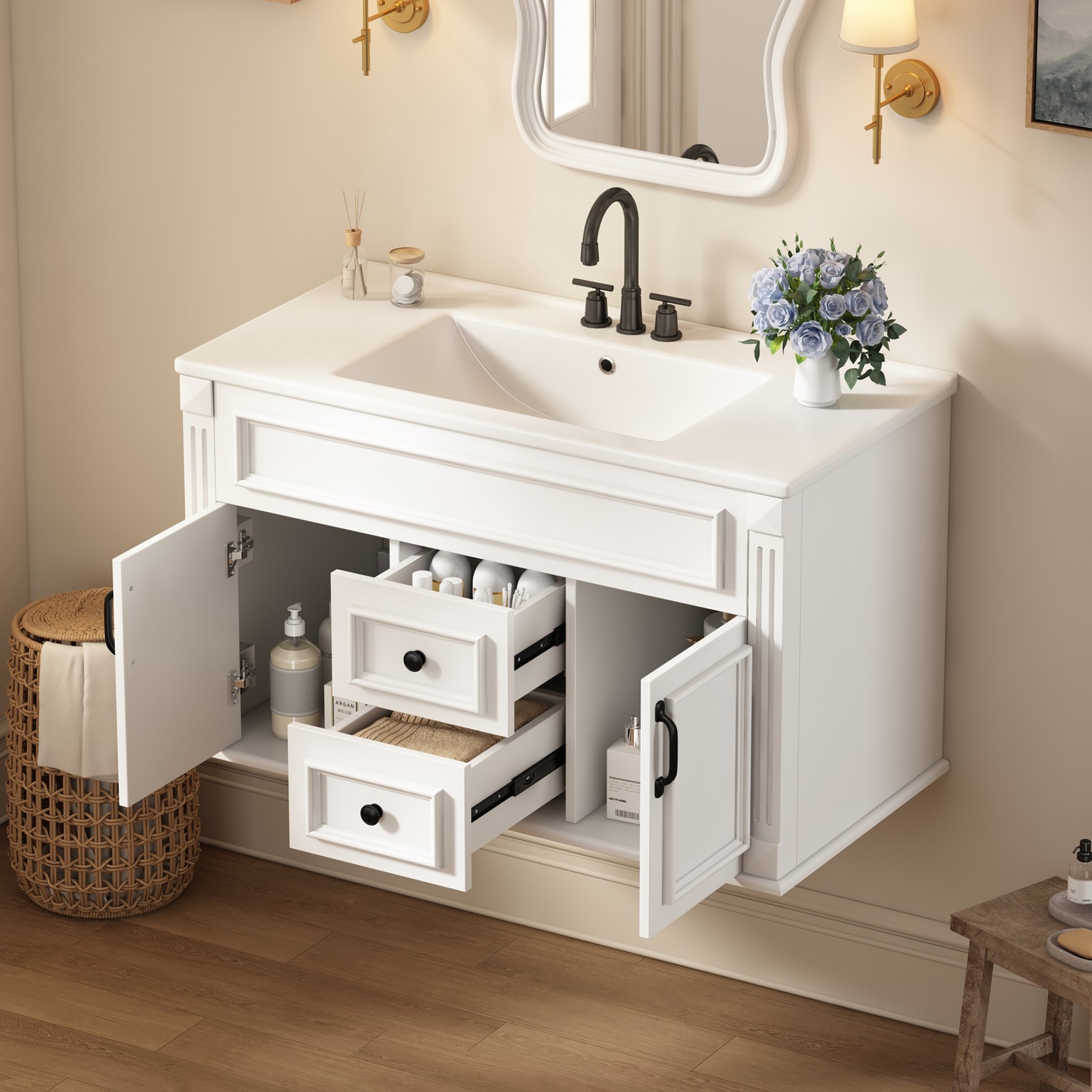 FUNIDEE 36inch Wall Mounted Bathroom Cabinet with Ceramic Sink Combo Vanity Set