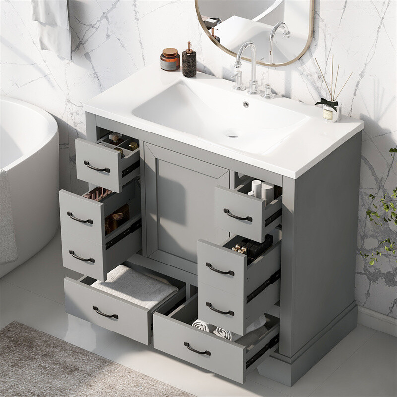 36 Inch Modern Bathroom Vanity with Sink Combo,Six Drawers,Adjustable Shelf,Grey