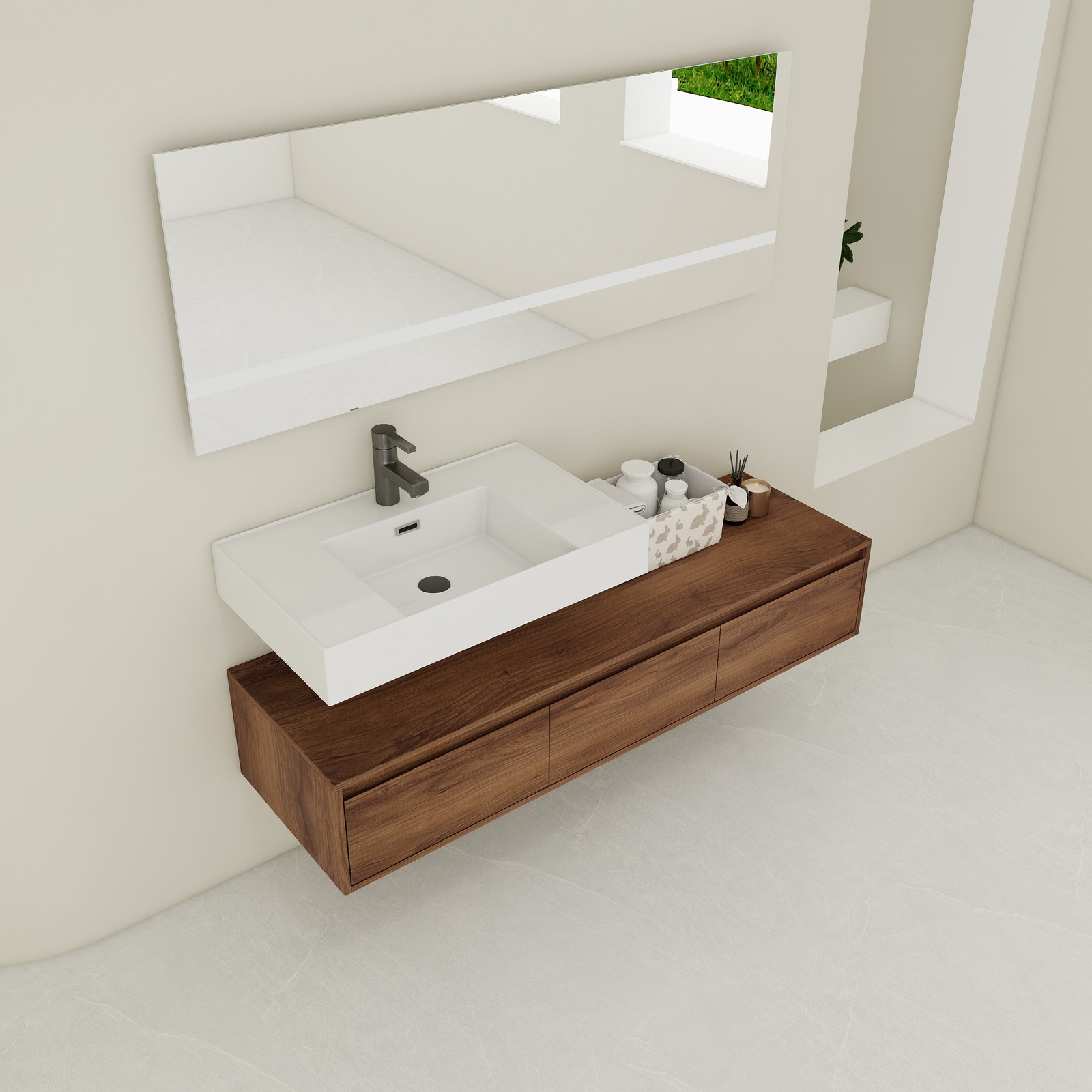 60in Wooden Wall-Mounted Bathroom Vanity Floating Vanity W/ Resin Sink +Drawers