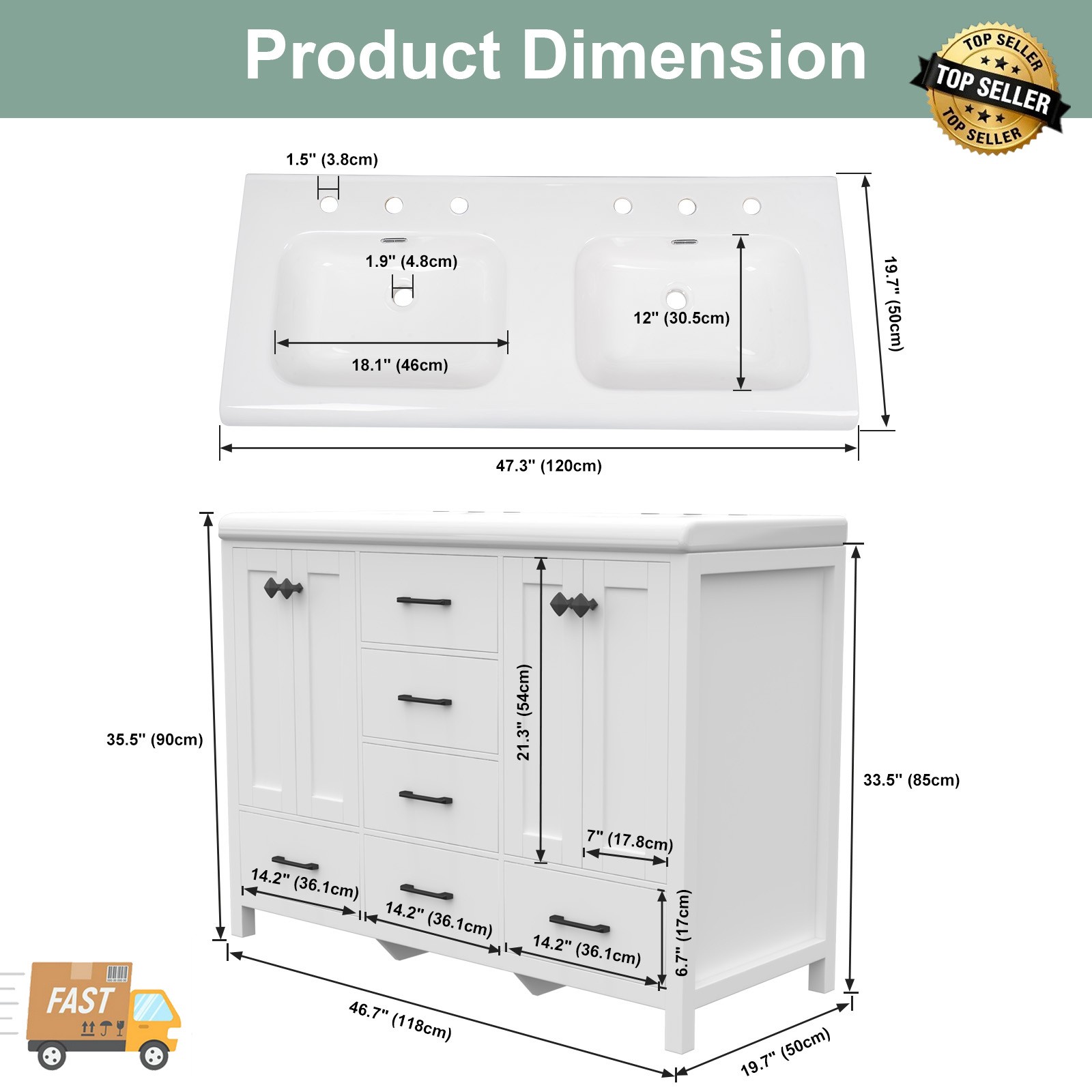 47.3″ Bathroom Vanity Double Sink Ceramic Freestanding Storage Cabinet Drawers.