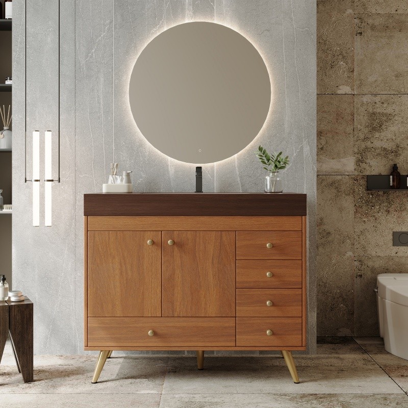 36″ Freestanding Bathroom Vanity with Faux Marble Top, Ceramic Sink & 5 Drawers