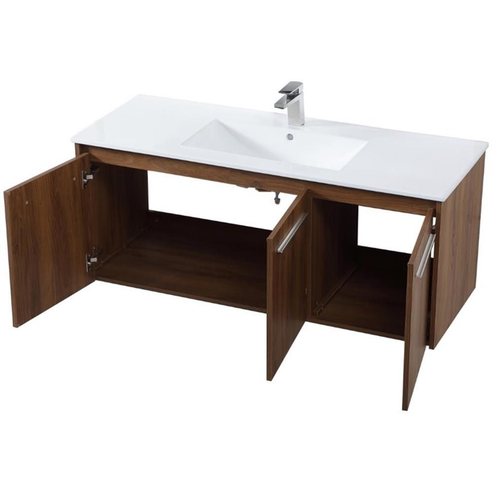 Pemberly Row 48″ Single Porcelain Top Floating Bathroom Vanity in Walnut