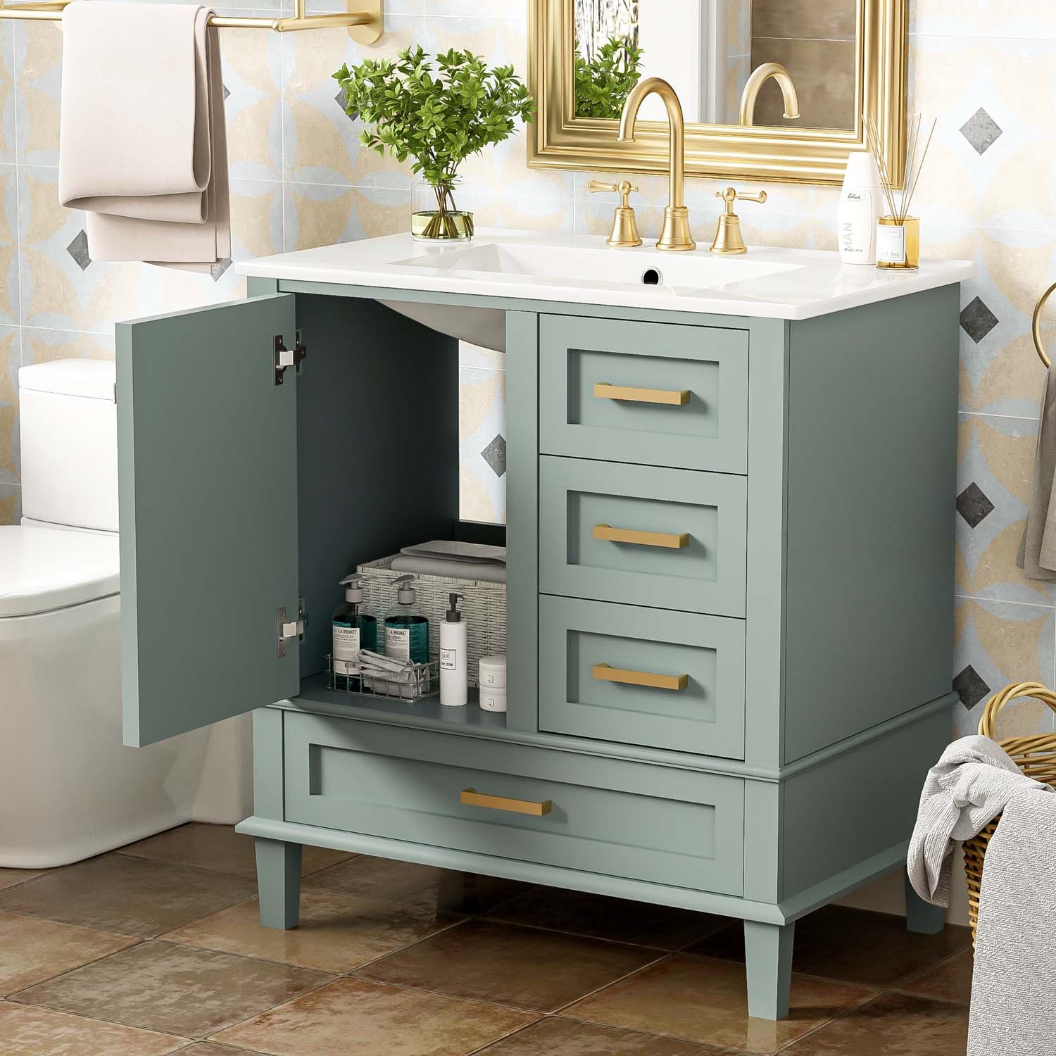 30″ Freestanding Bathroom Vanity Sage Green Solid Wood Soft-Close 3 Drawers Sink