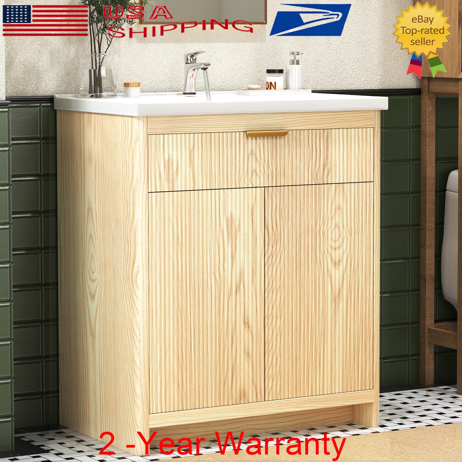 31″ Bathroom Vanity w/Ceramic Sink Modern Freestanding Vanity Cabinet w/ 2 Doors