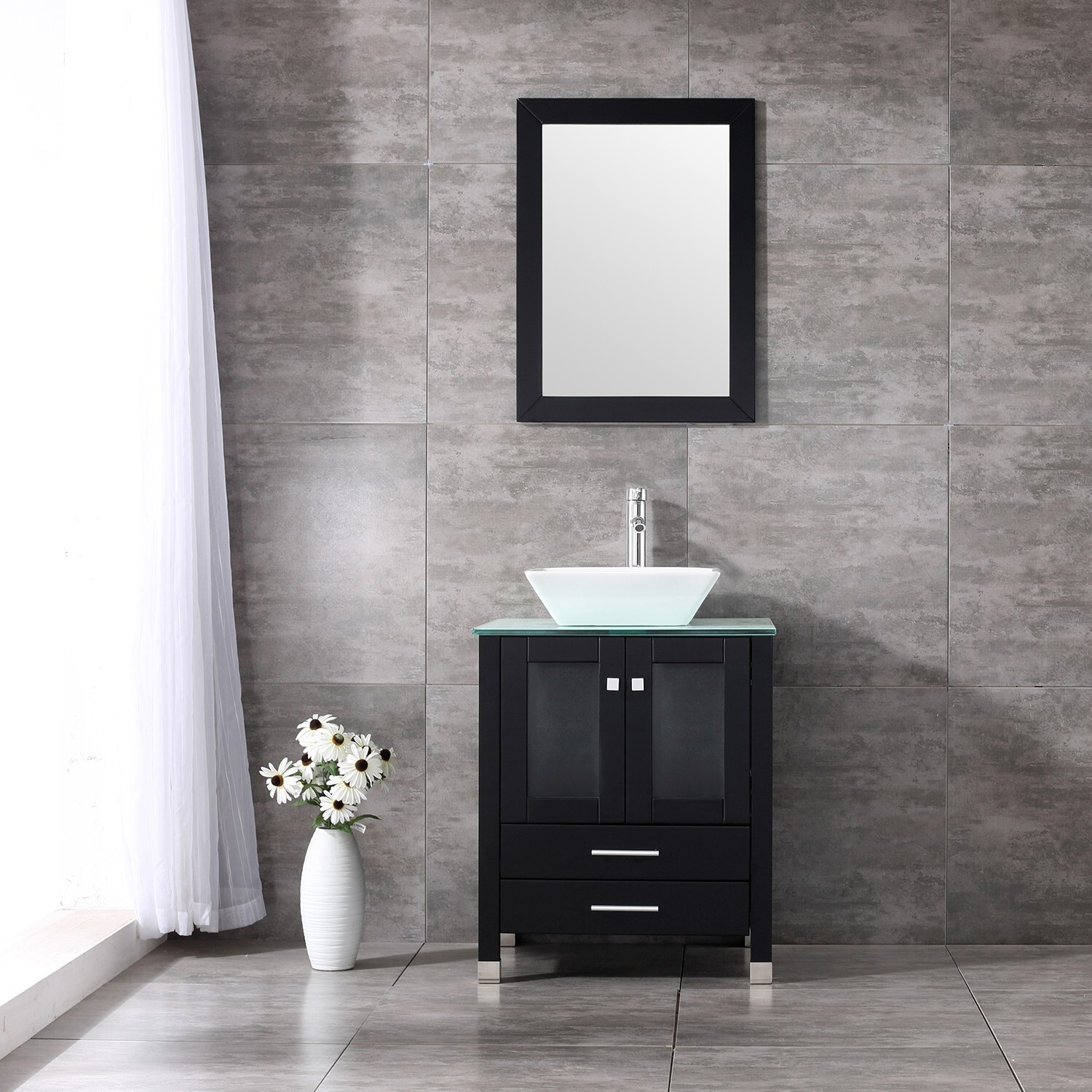 24” Single Black Bathroom Vanity Cabinet Ceramic Vessel Sink w/ Faucet Mirror