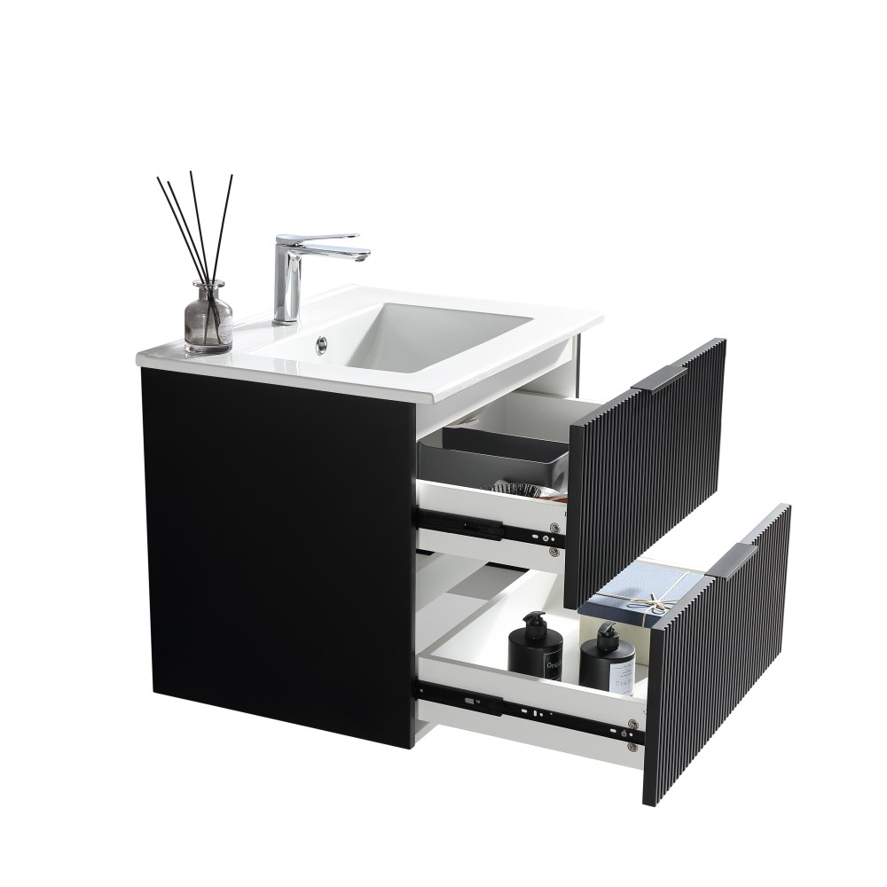 30″ Bathroom Vanity with Ceramic Sink, White Wall Mounted Fluted Cabinet