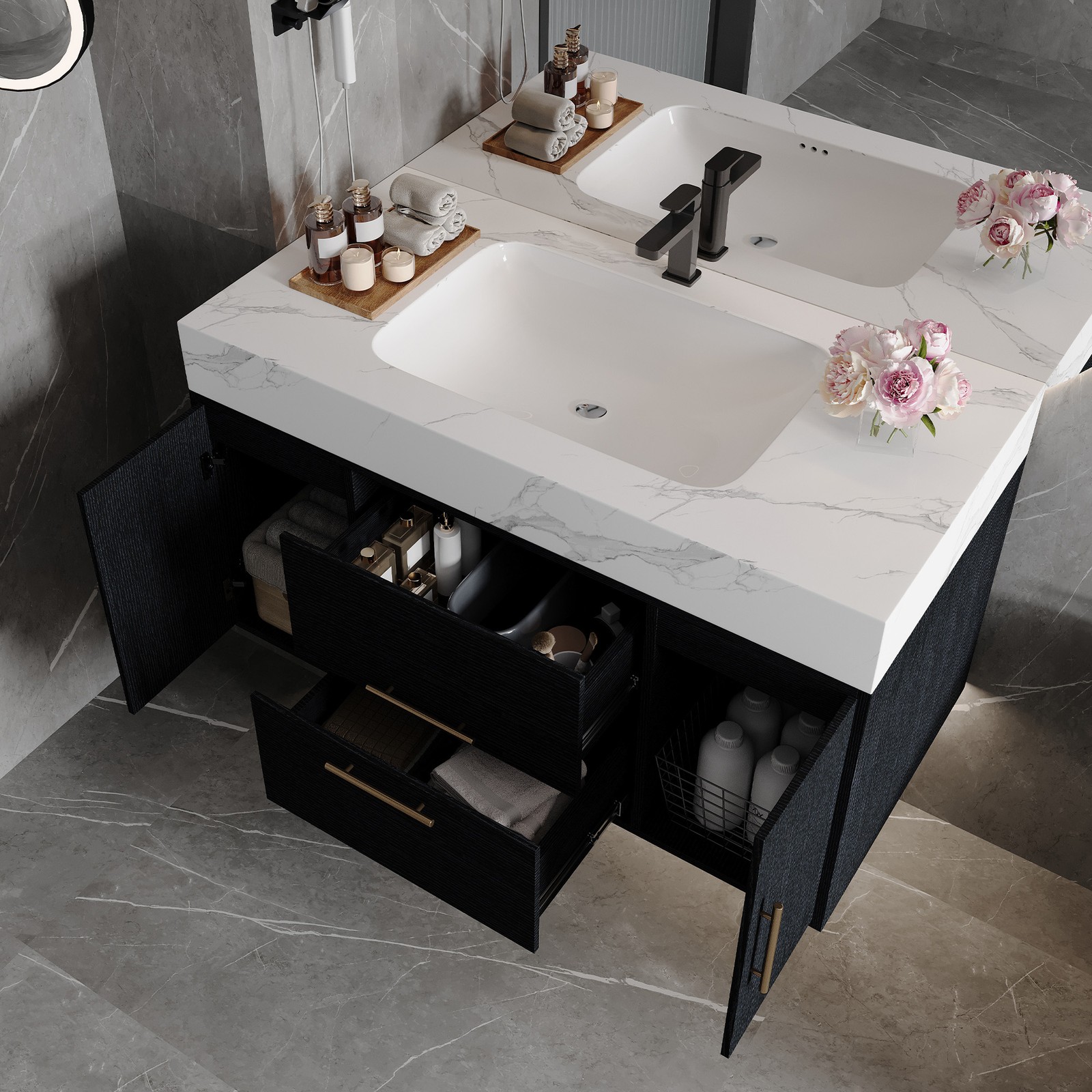 39.4″ Bathroom Vanity with Sink, Waterproof Plywood Cabinet, Ceramic Basin