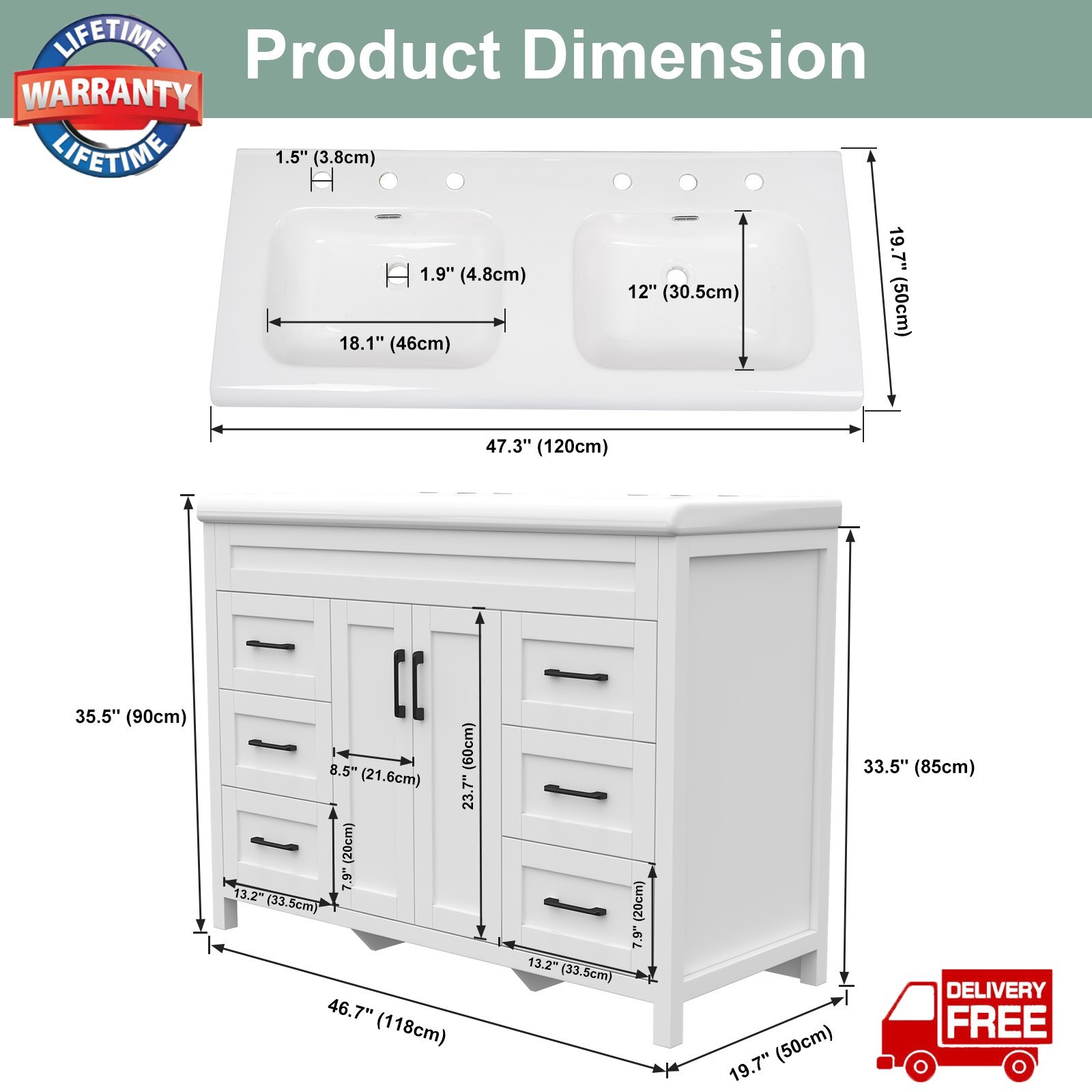 47″ Bathroom Vanity with Ceramic Sink Freestanding Storage Cabinet w/4 Drawer