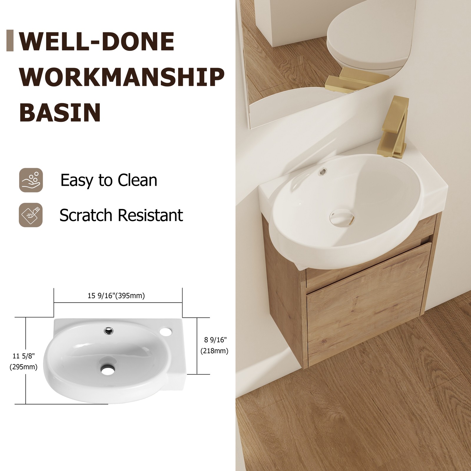16Inch Wall Mounted Bathroom Vanity With Ceramic Sink Basin W/ Storage Rack Oak