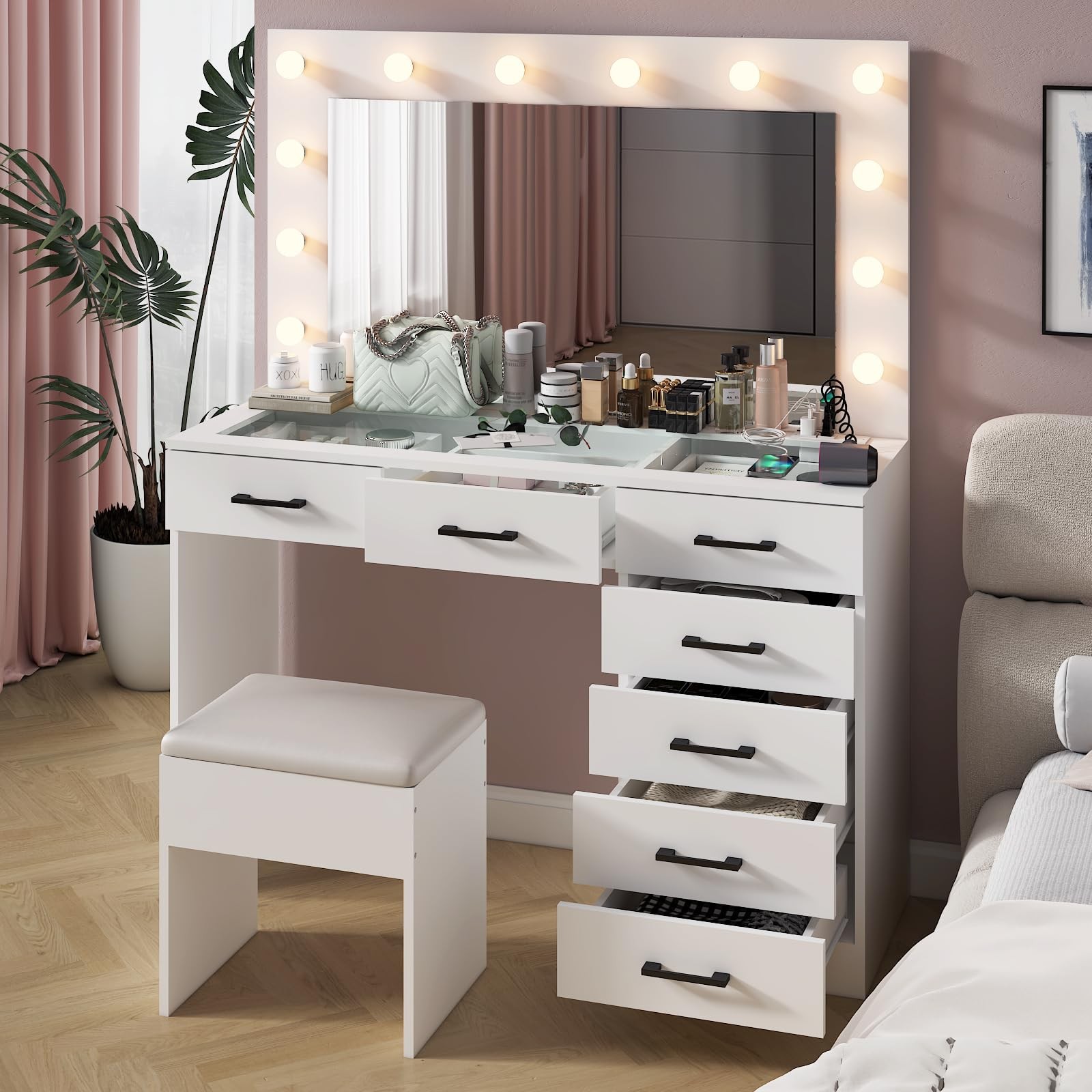 Makeup Vanity Desk Mirror Lighted Charging 7 Drawers Stool 3 Colors