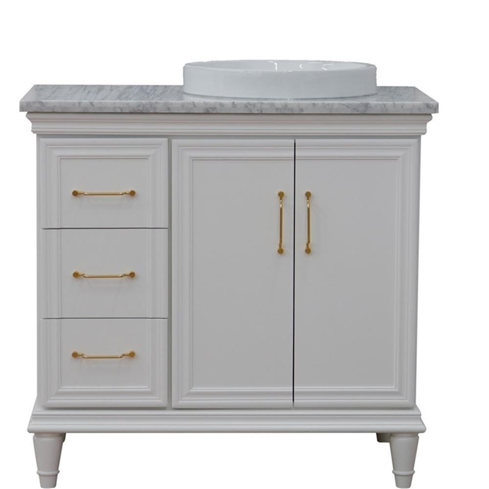 37 in. Single Wooden Vanity White White Carrara Round Right Door.Right Sink