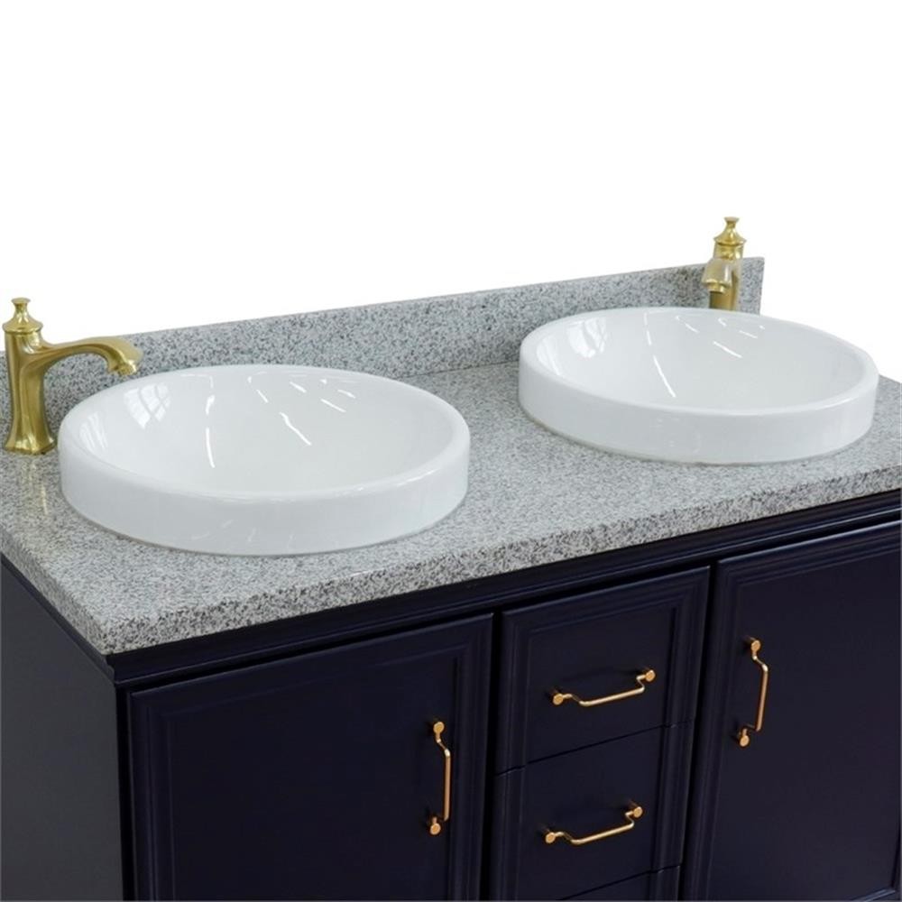 49 in. Double Wooden Vanity Blue with Gray Granite Round Sink