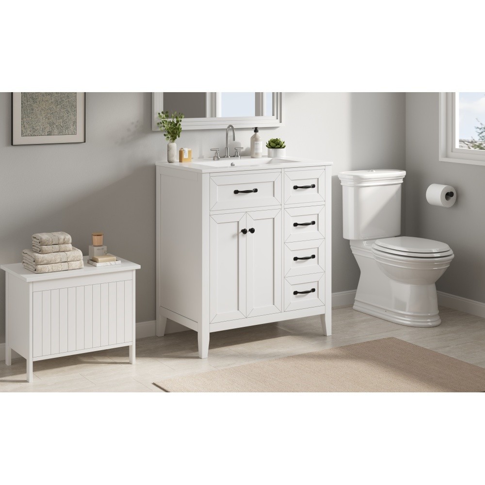 30″ White Bathroom Vanity with Ceramic Sink Freestanding Vanity with Black Metal