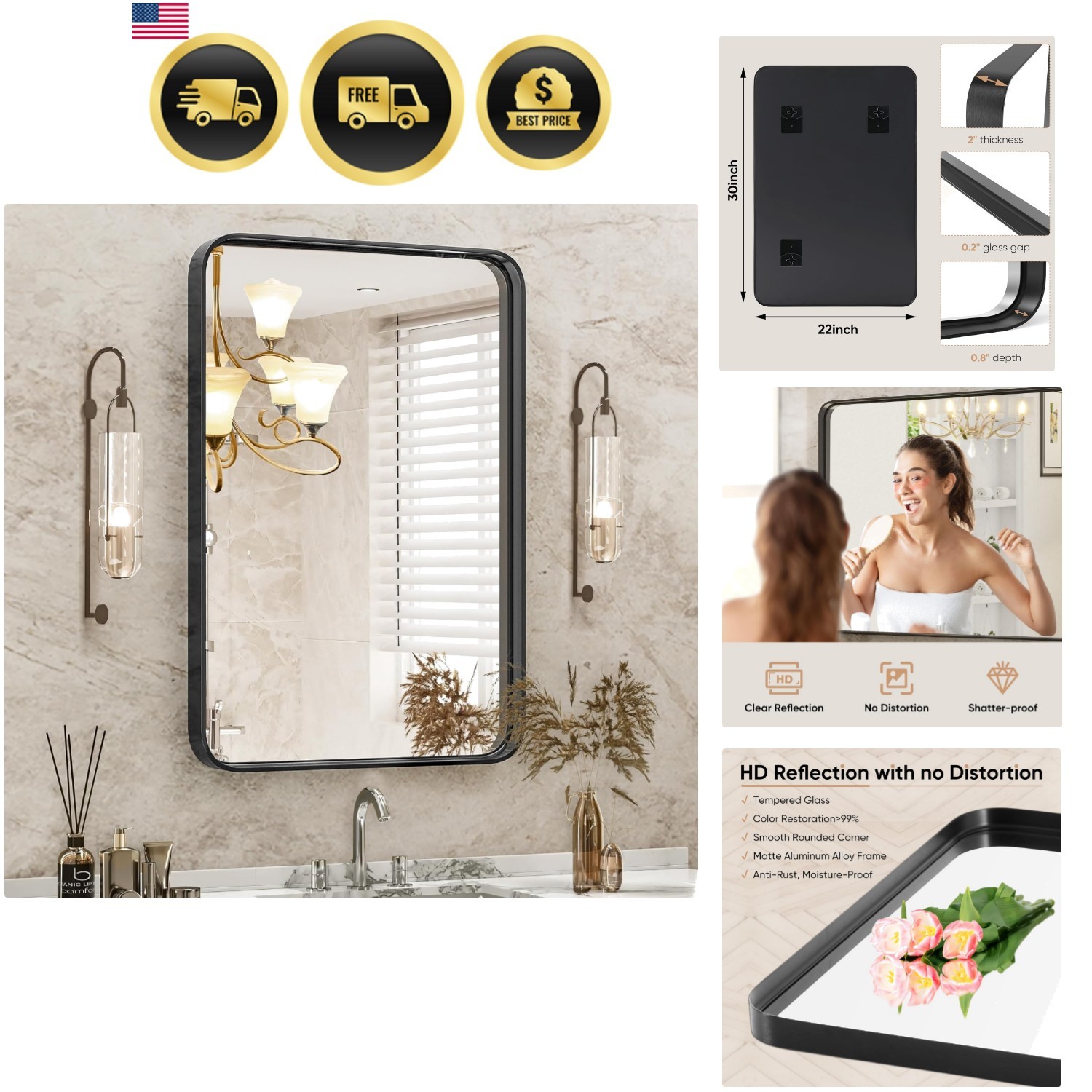Black Metal Framed Vanity Rounded Rectangle Bathroom Mirrors for Over Sink Wa…
