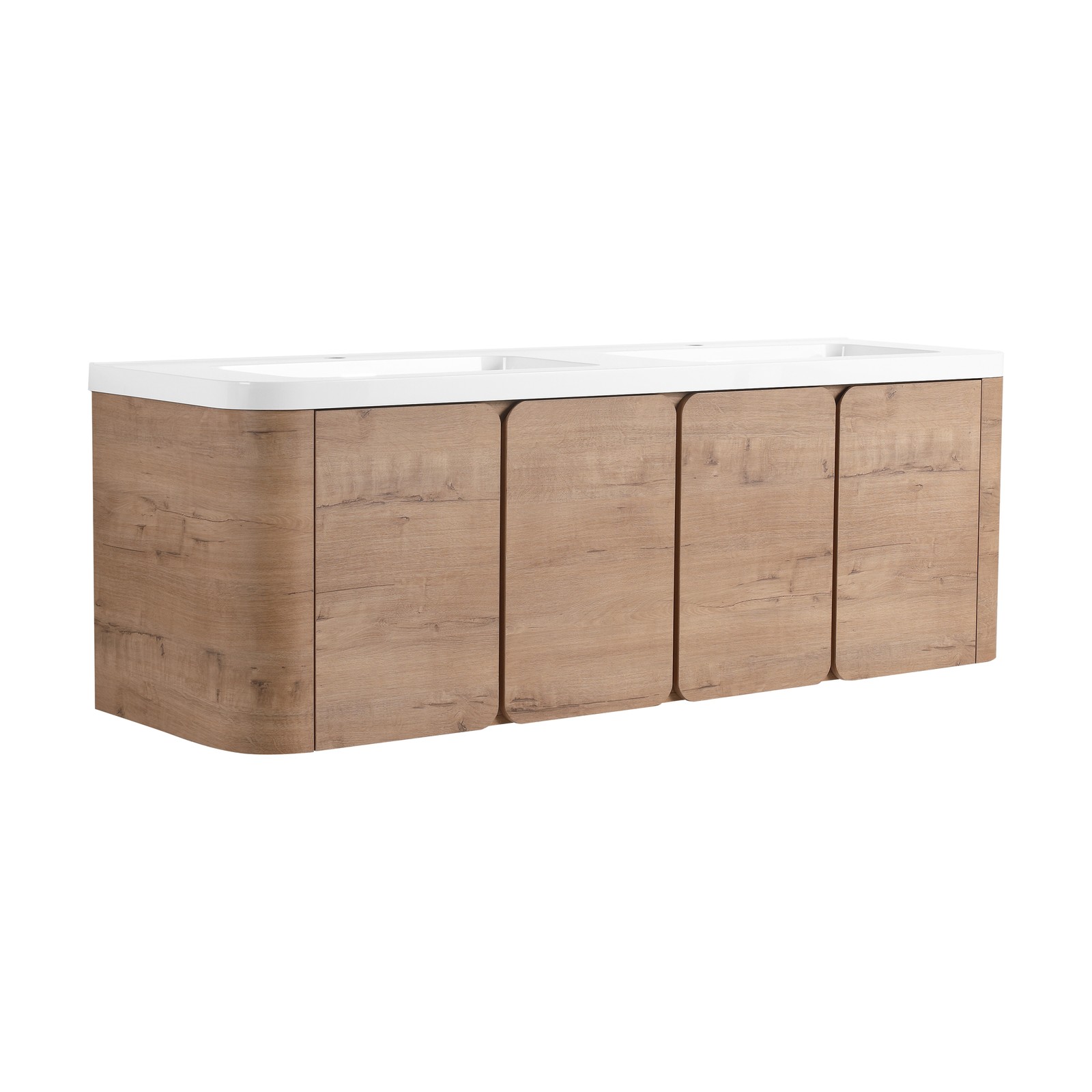 60in Plywood Wall-Mounted Bathroom Vanity with White Double Resin Sink 4 Doors