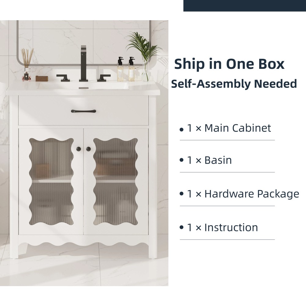 31″ Bathroom Vanity with Tempered Glass, Modern Cabinet with Rubber Wood legs