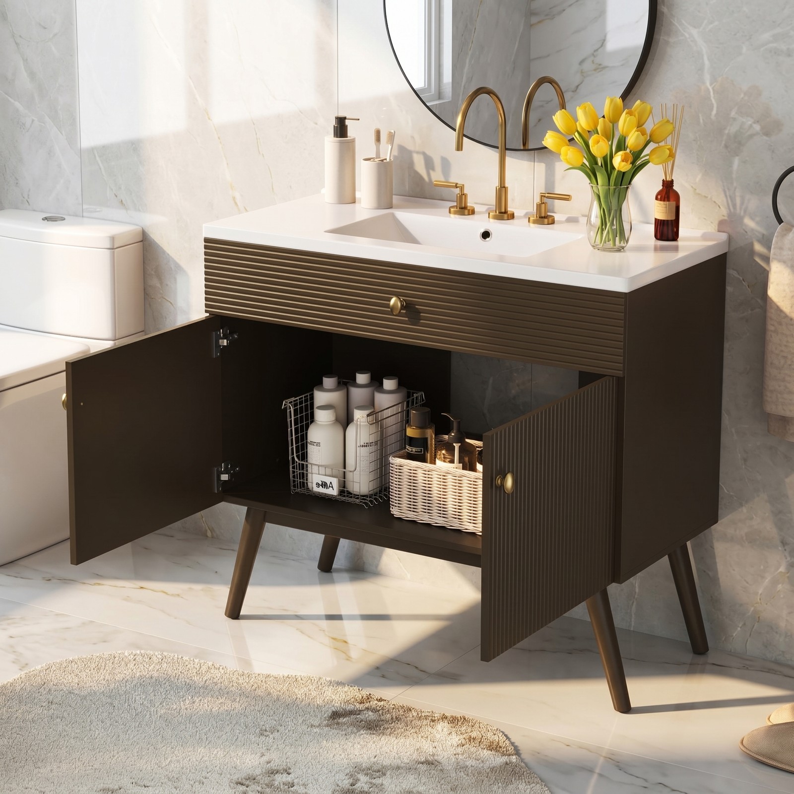 36″ Striped Bathroom Vanity, Soft-Close Dual-Door & Ceramic Sink, Dark Brown