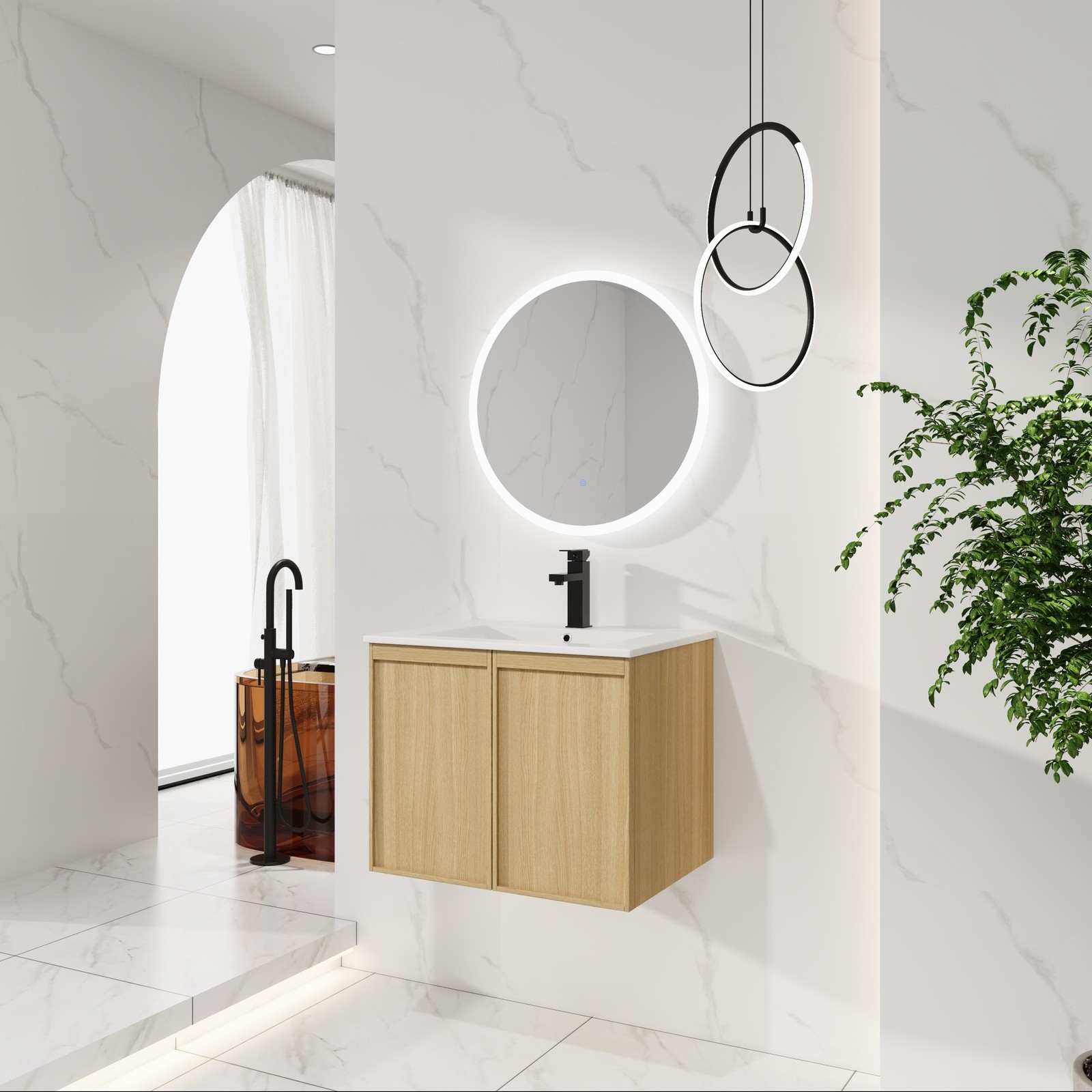 24″ Floating Bathroom Vanity with Sink, Light Oak Wall-Mounted Cabinet