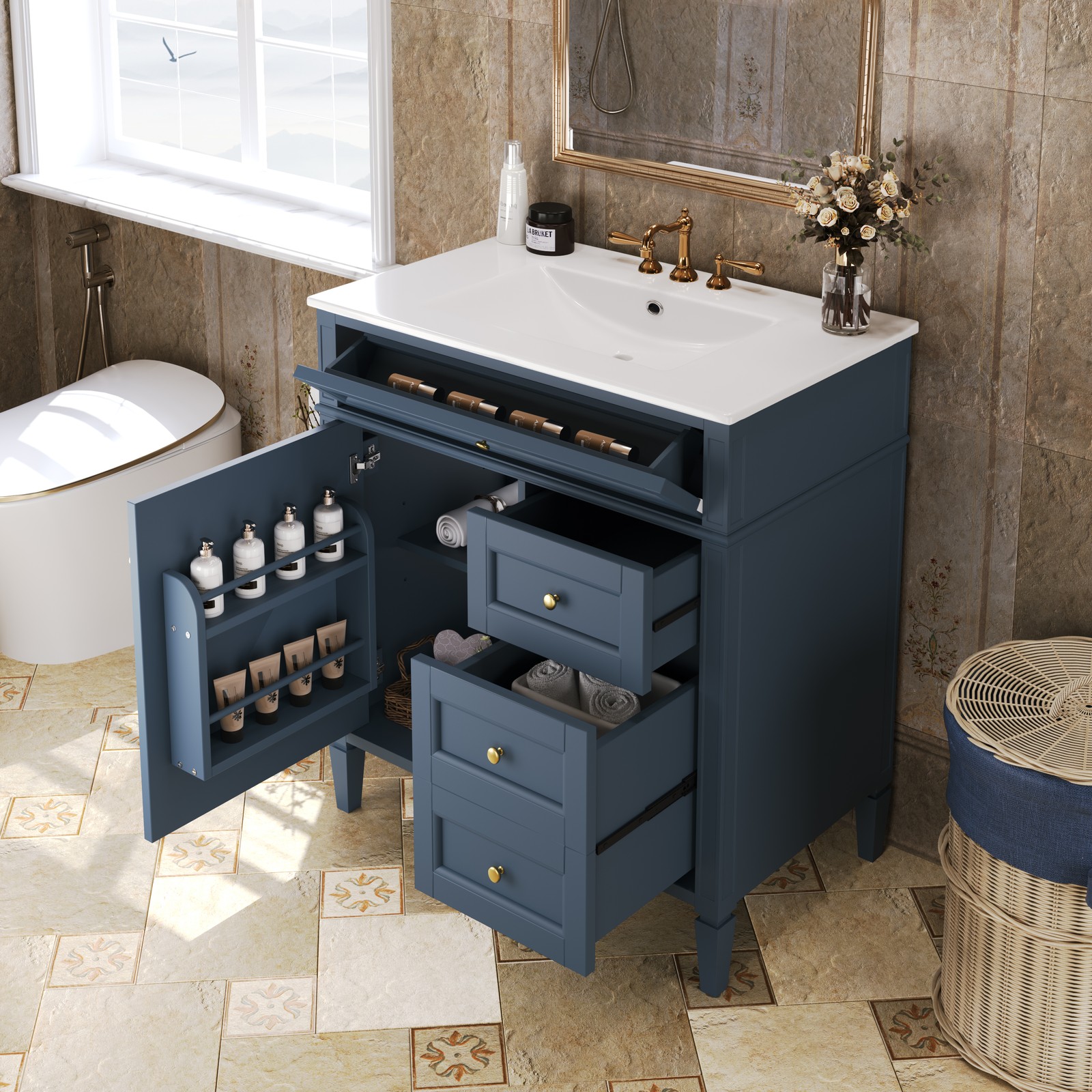 30″ Bathroom Vanity with Sink, 2 Drawers & Tip-Out Drawer, Blue