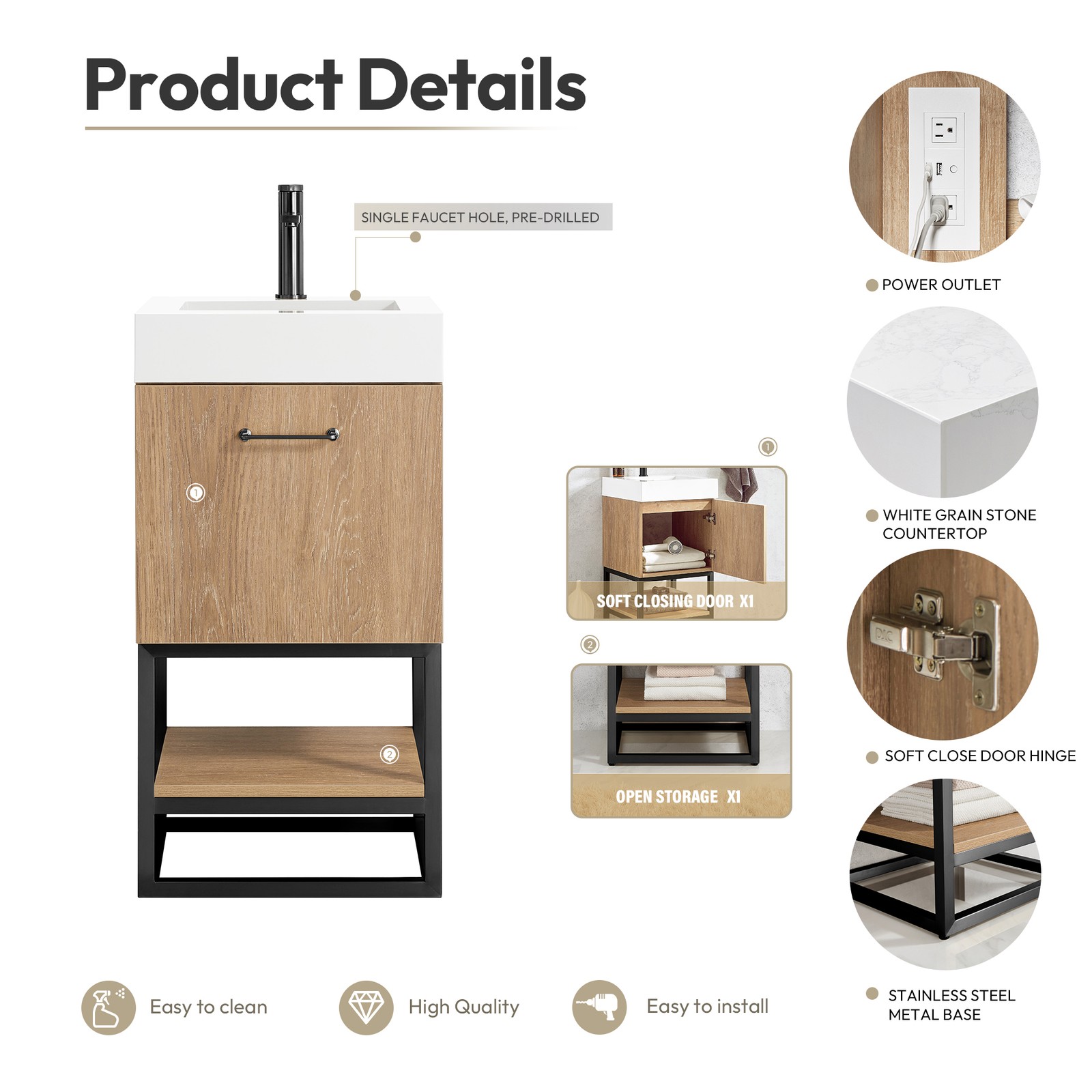 Vinnova Alistair 18″ White Stone Top Oak Single Vanity Black Frame w/o Mirror