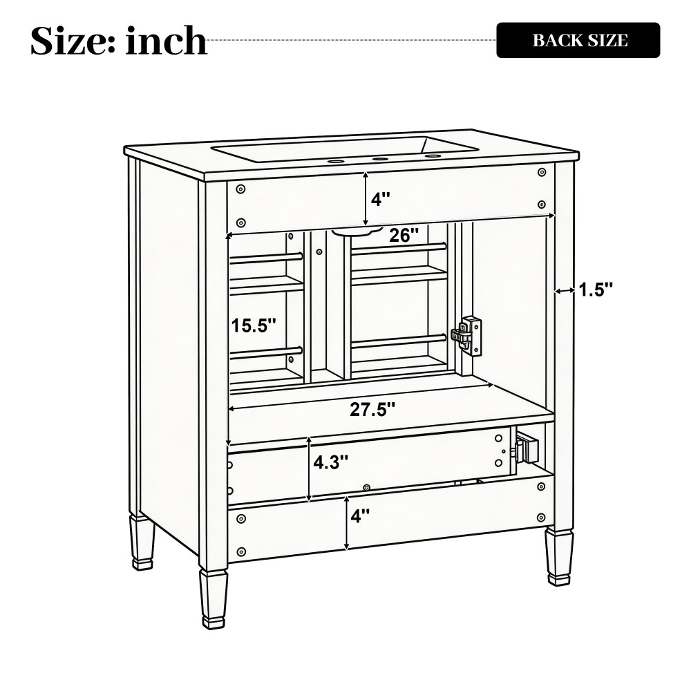 30 Inch Fluted Black Bathroom Vanity with Ceramic Sink Soft-Close Doors Drawer