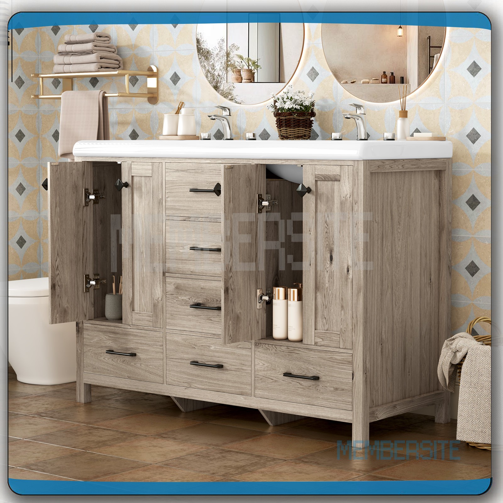 Bathroom Vanity 47.3″ Vanity Top w/Double Sink Ceramic & Drawers Freestanding