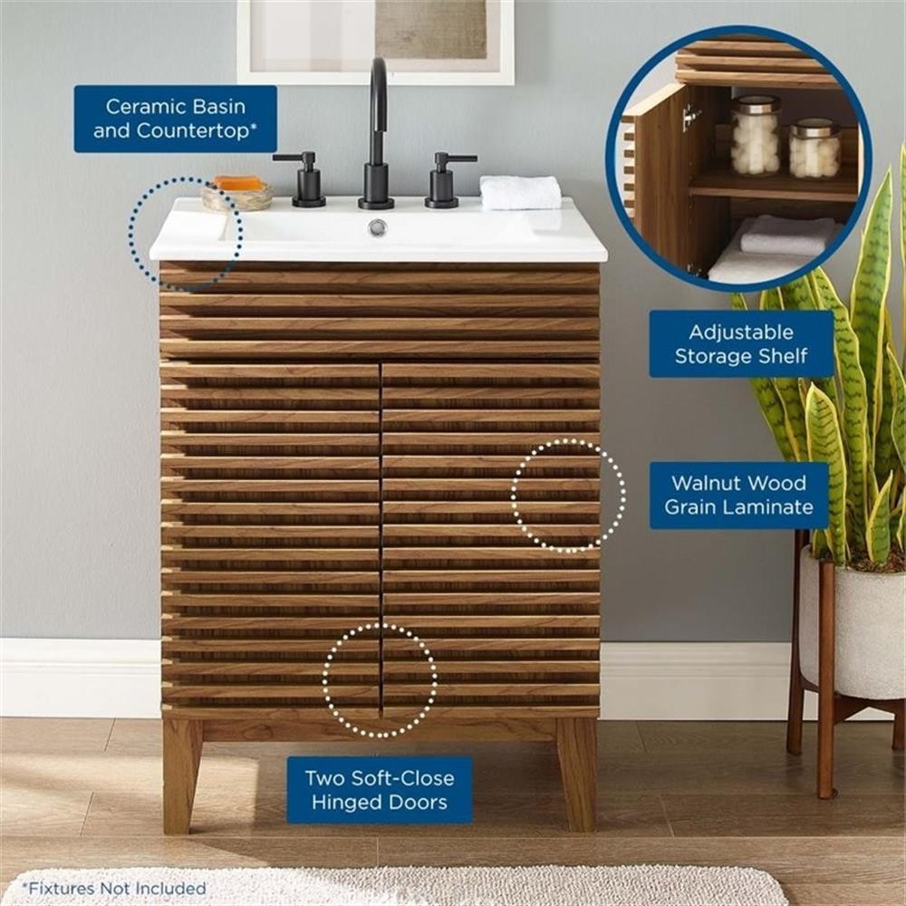 Maklaine Contemporary Wood Bathroom Vanity in Walnut and White