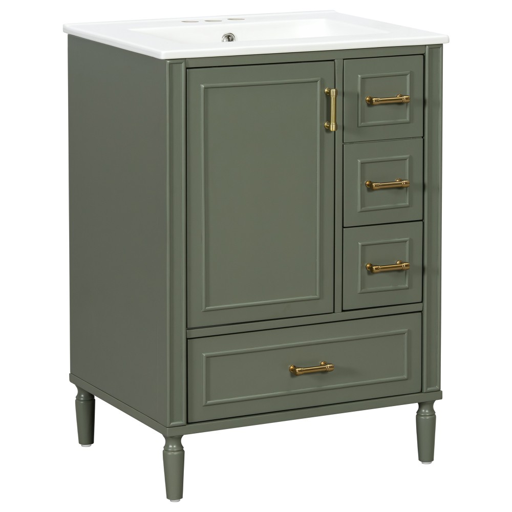 24″ Modern Bathroom Vanity with Ceramic Sink, Soft-Close Door, 3 Drawers