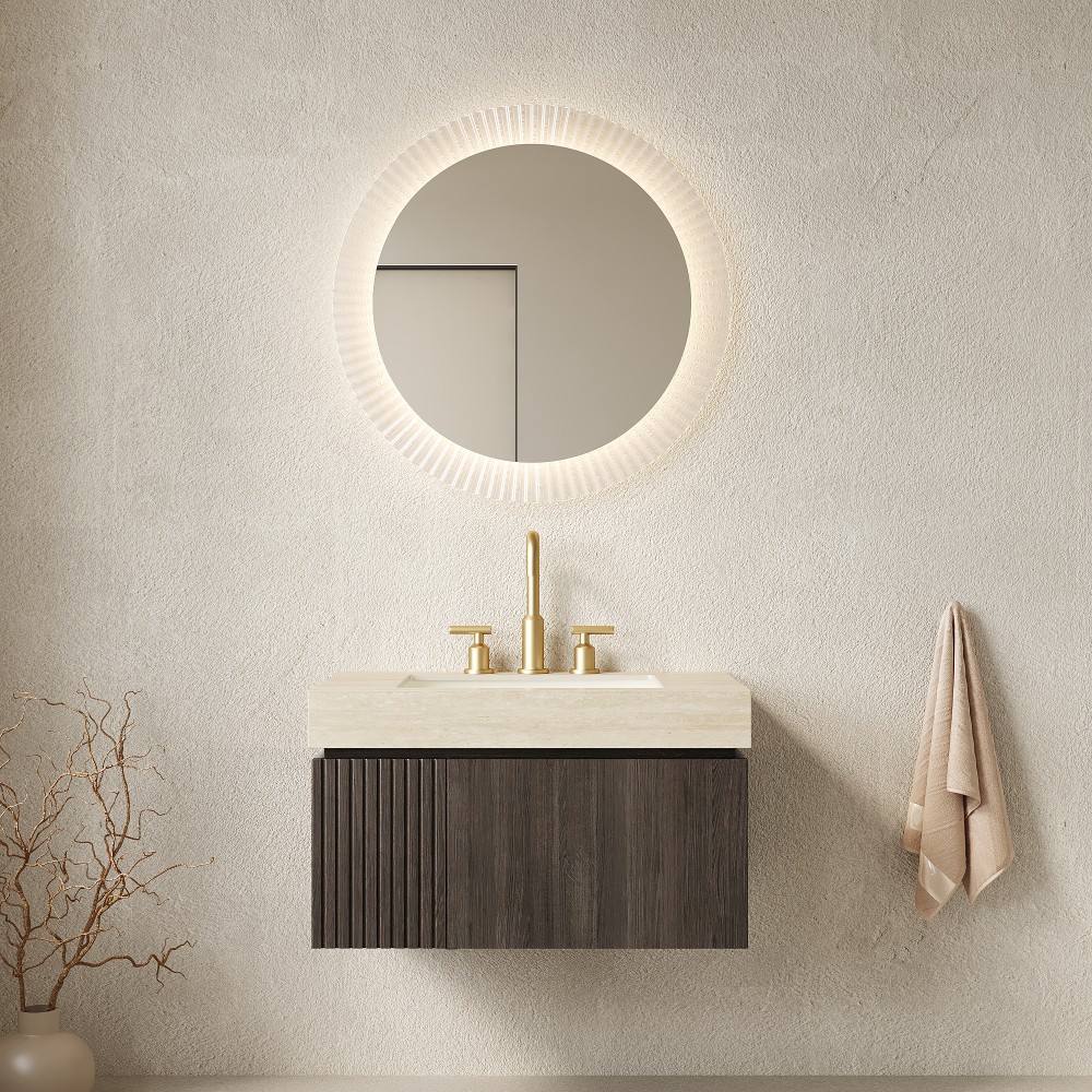 30″ Floating Vanity & Sink, Travertine Stone Top/Ceramic Basin, Drawer&Door