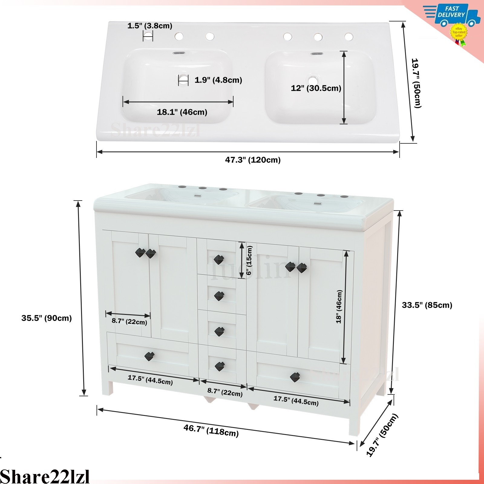 47″ Bathroom Vanity Double Sink Ceramic Freestanding Cabinet 5 Drawers,White