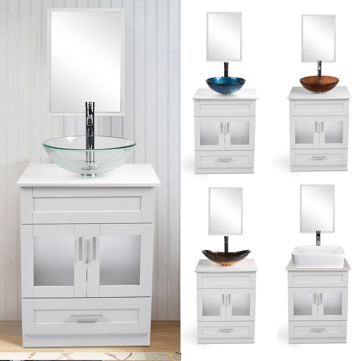 24” Bathroom Vanity Cabinet Vessel Sink Sets Tempered Glass Faucet Drain Combo
