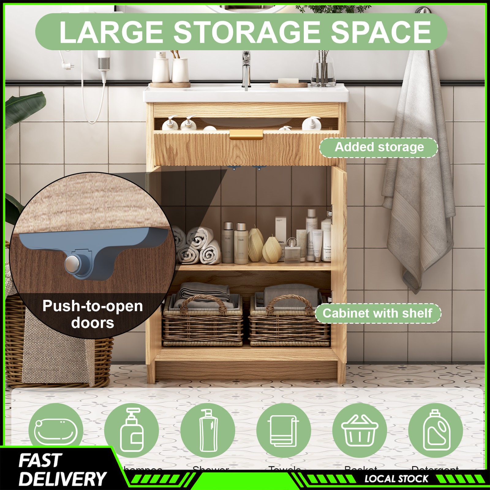23.6 Inch Bathroom Vanity Wooden Freestanding Cabinet Ceramic Sink for Bathroom