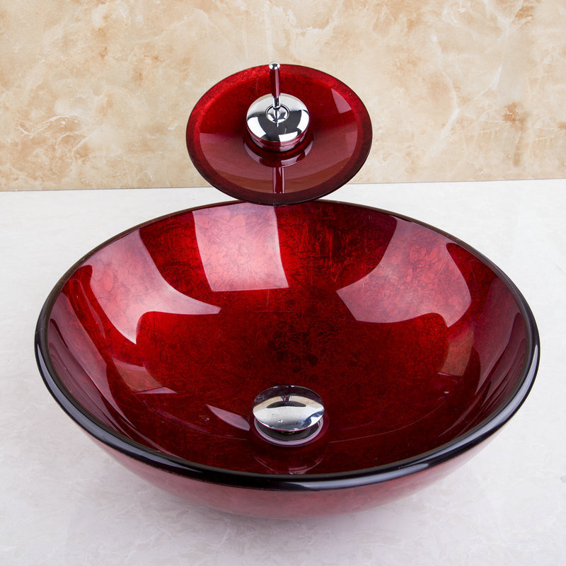 Bathroom Red Round Tempered Glass Basin Set Vessel Vanity Sink Bowl With Faucet