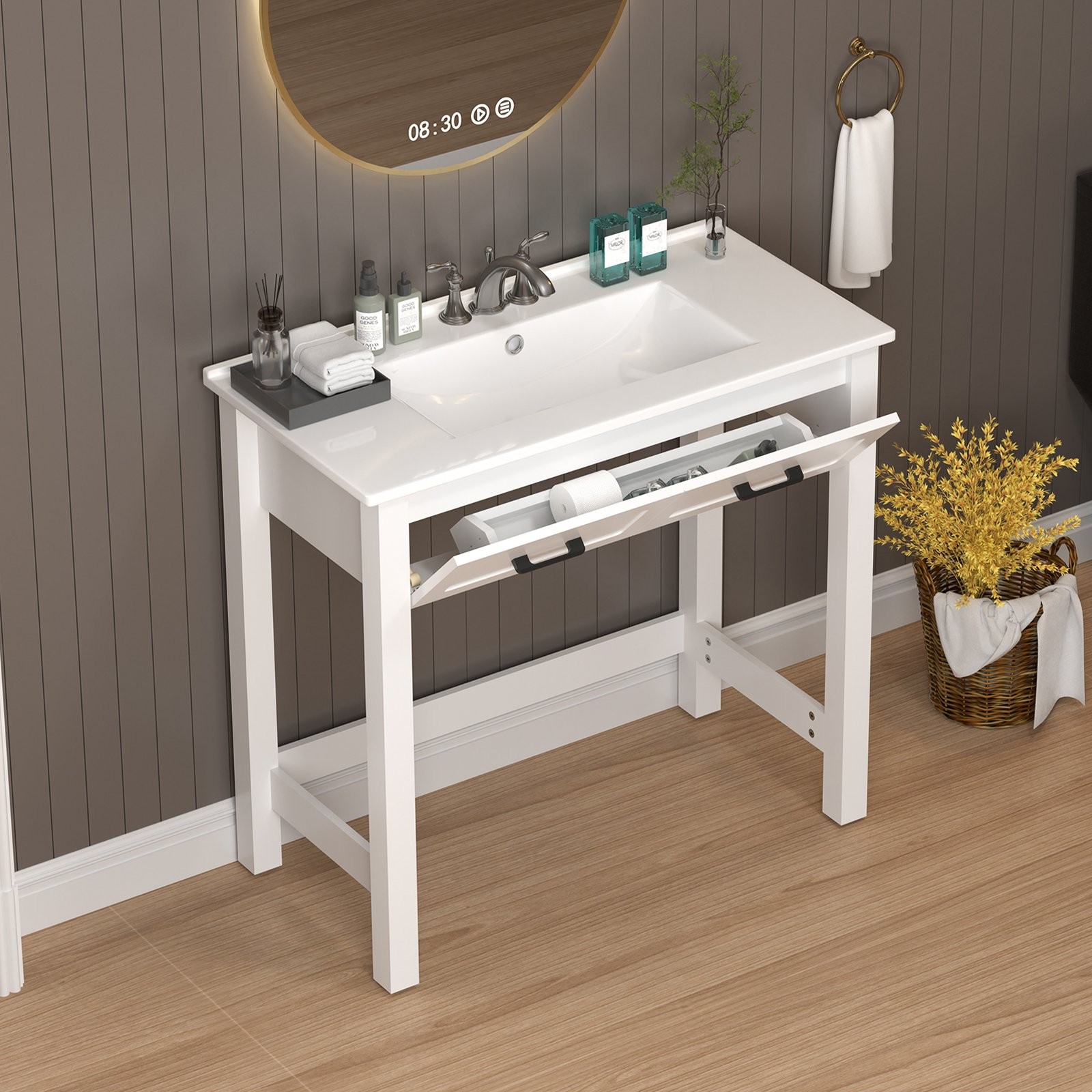 36″ White Bathroom Vanity with a Tip-out Drawer & Ceramic Sink for Elderly