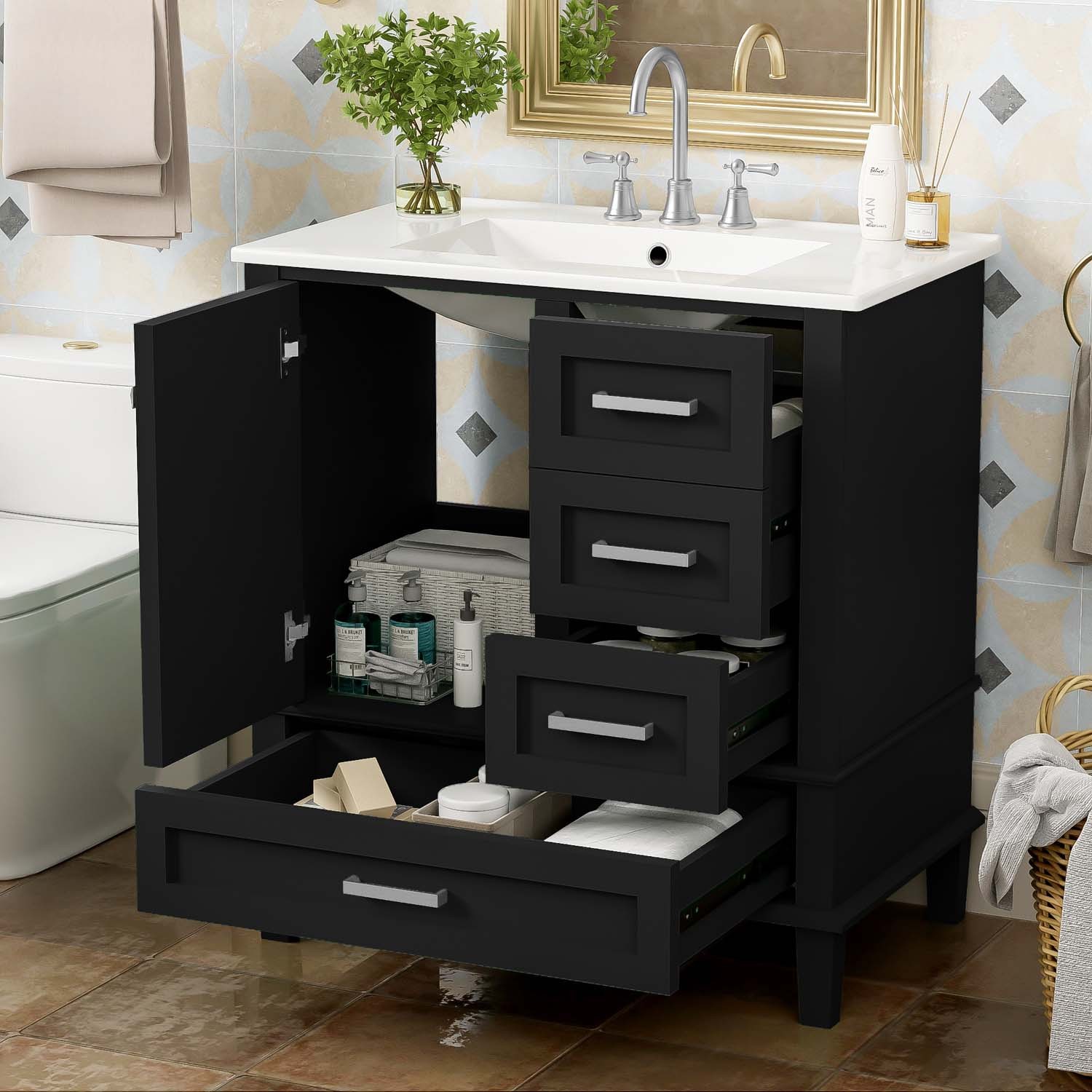 30″ Freestanding Bathroom Vanity Black Green Solid Wood Soft-Close 3 Drawer Sink