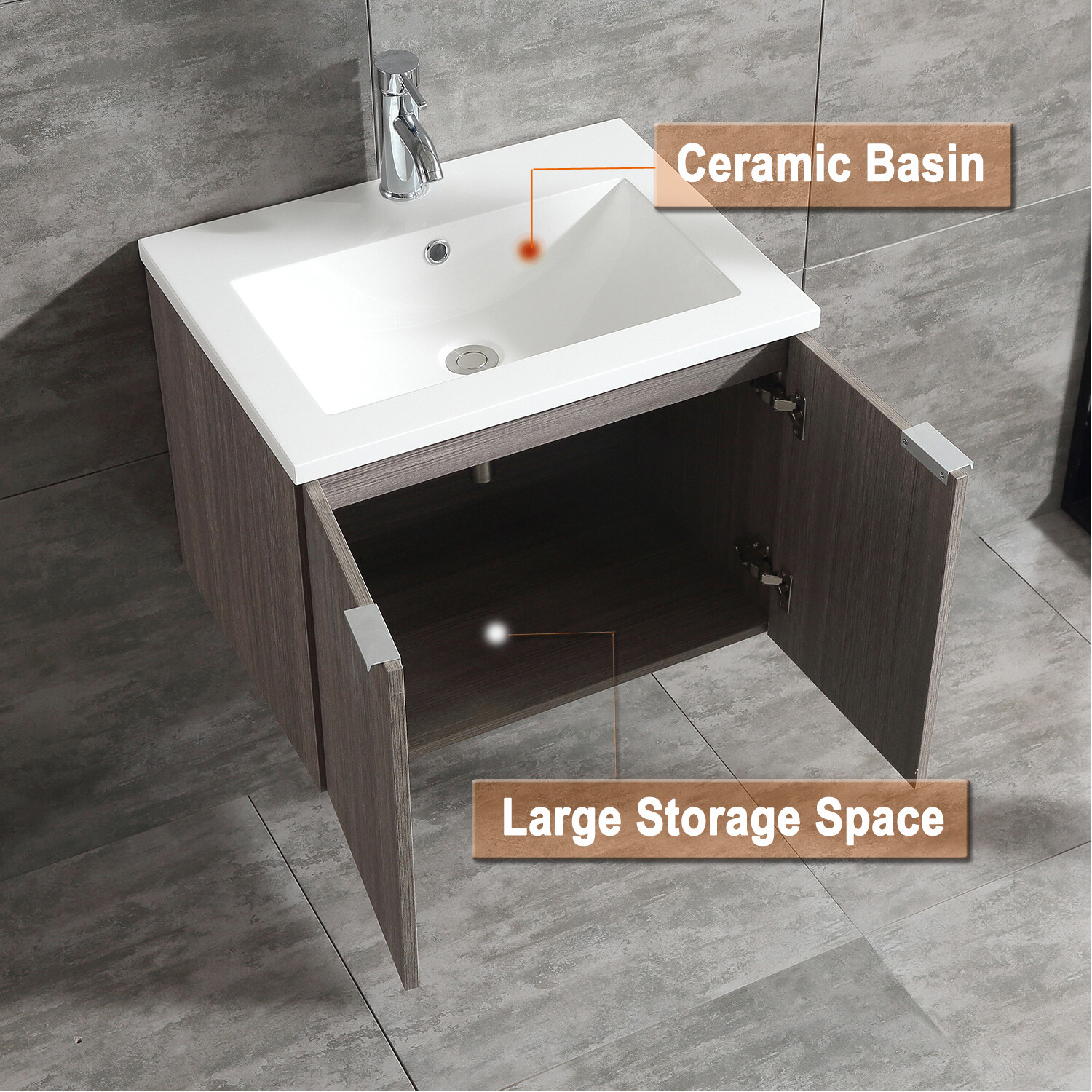 Wall Mount Bathroom Vanity Single Wood Cabinet + Undermount Resin Sink + Faucet