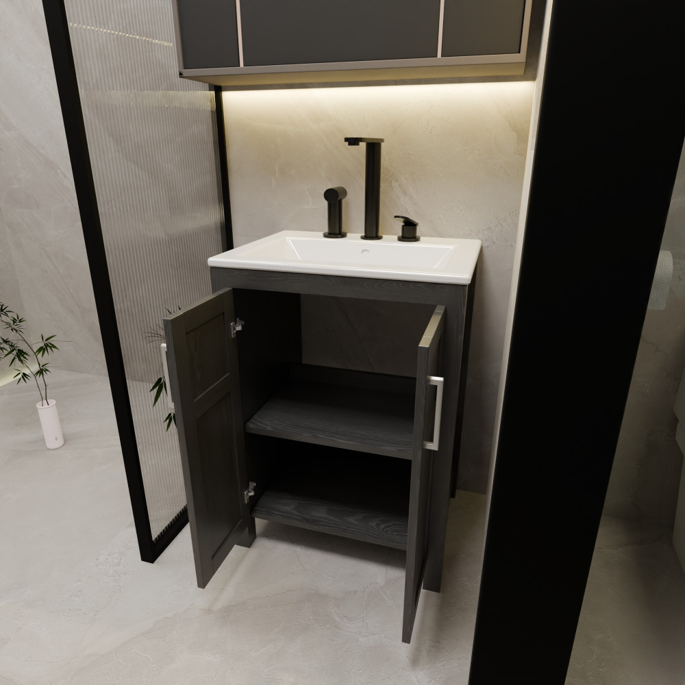 Bathroom Vanity with White Ceramic Sink Faucet Pop Up Drain Set Large Storage