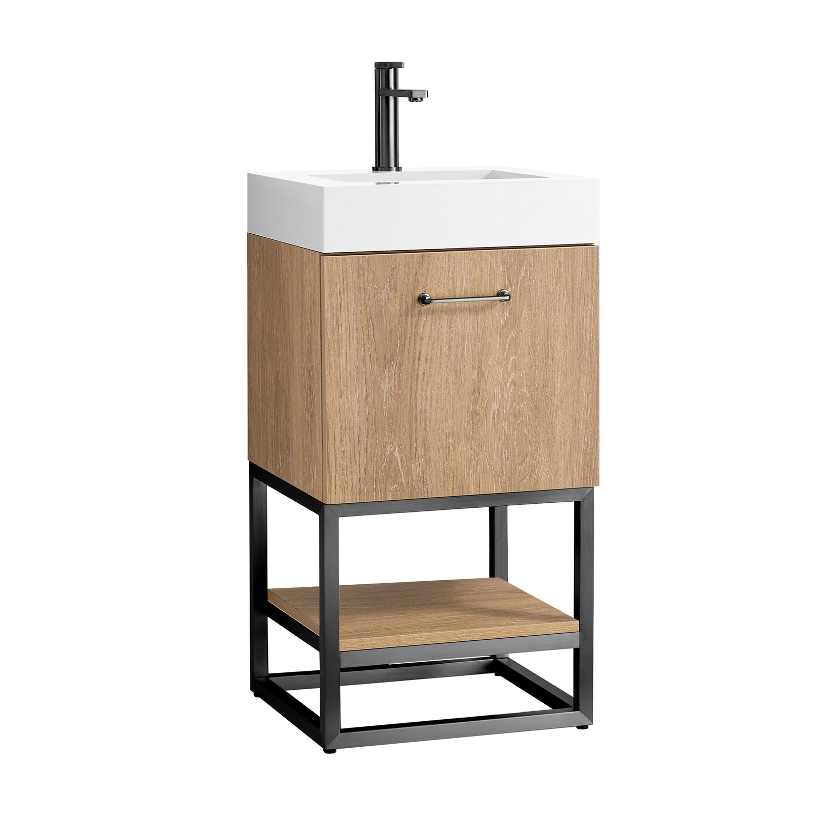 Vinnova Alistair 18″ White Stone Top Oak Single Vanity Black Frame w/o Mirror