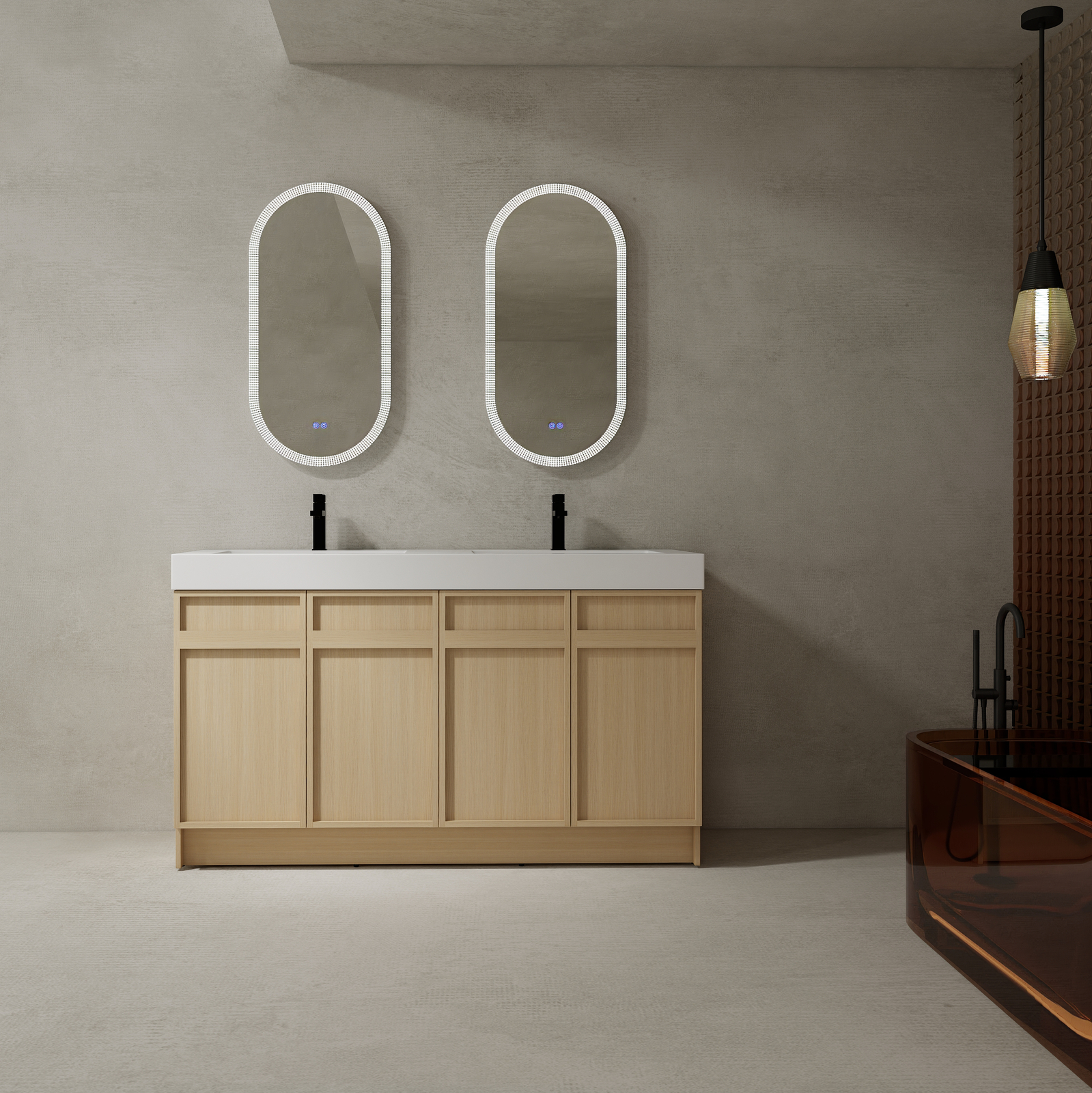 60″ Plywood Double Sink Bathroom Vanity Cabinet 4 Doors Undermount Resin Sink