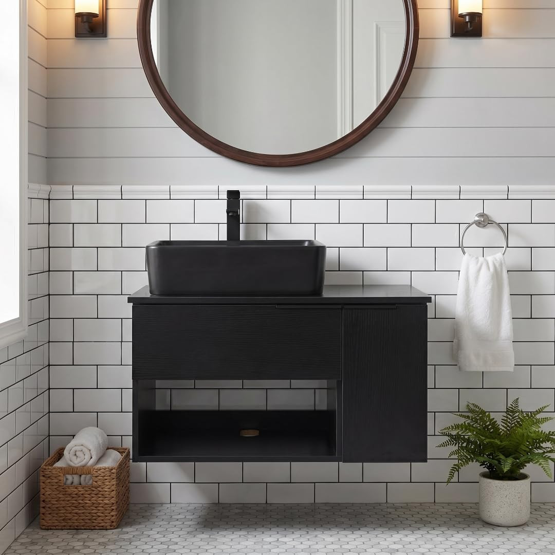 28 Inch Black Floating Bathroom Vanity with 1-Door and 1-Drawer, Modern Wall Mou