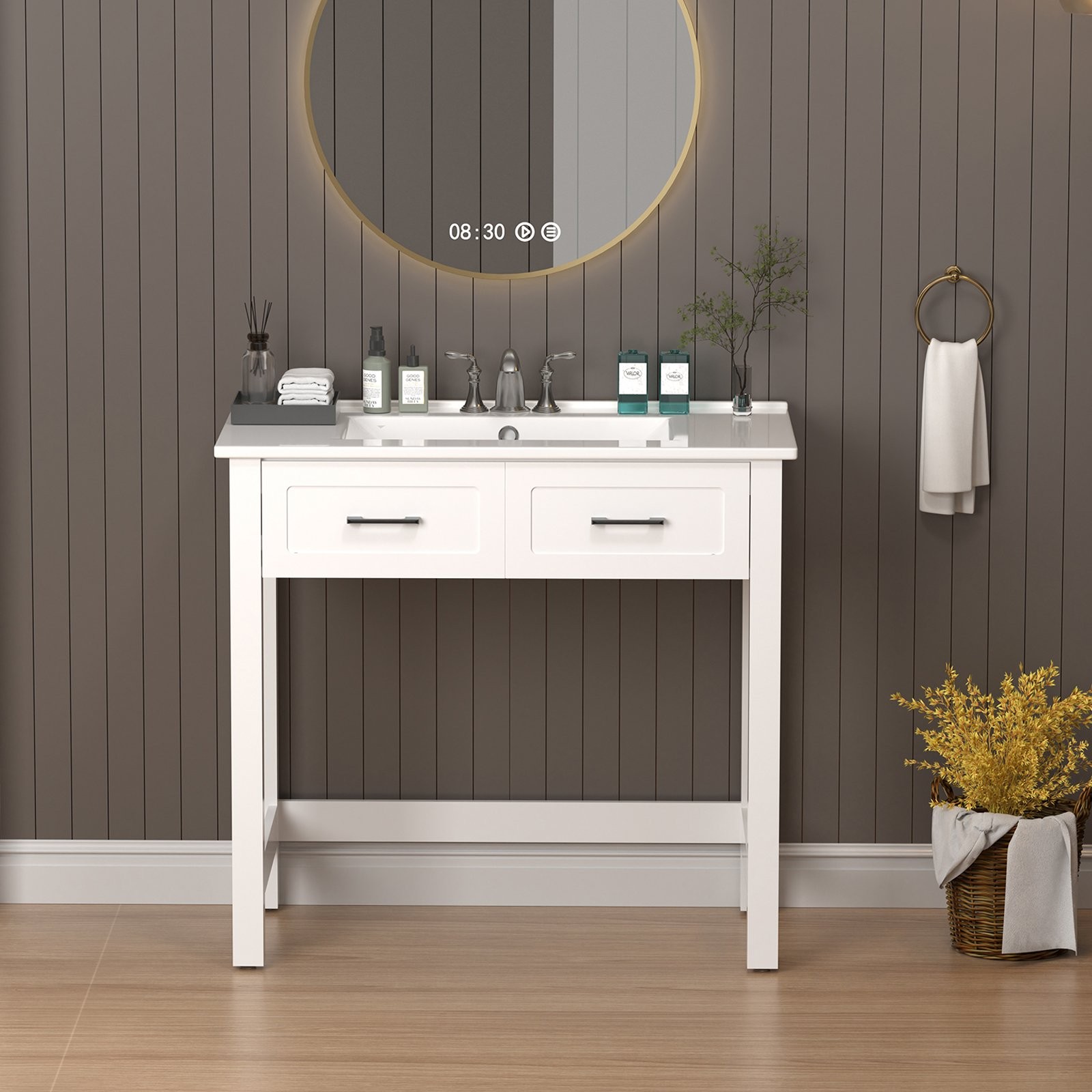 36″ White Bathroom Vanity with a Tip-out Drawer & Ceramic Sink for Elderly