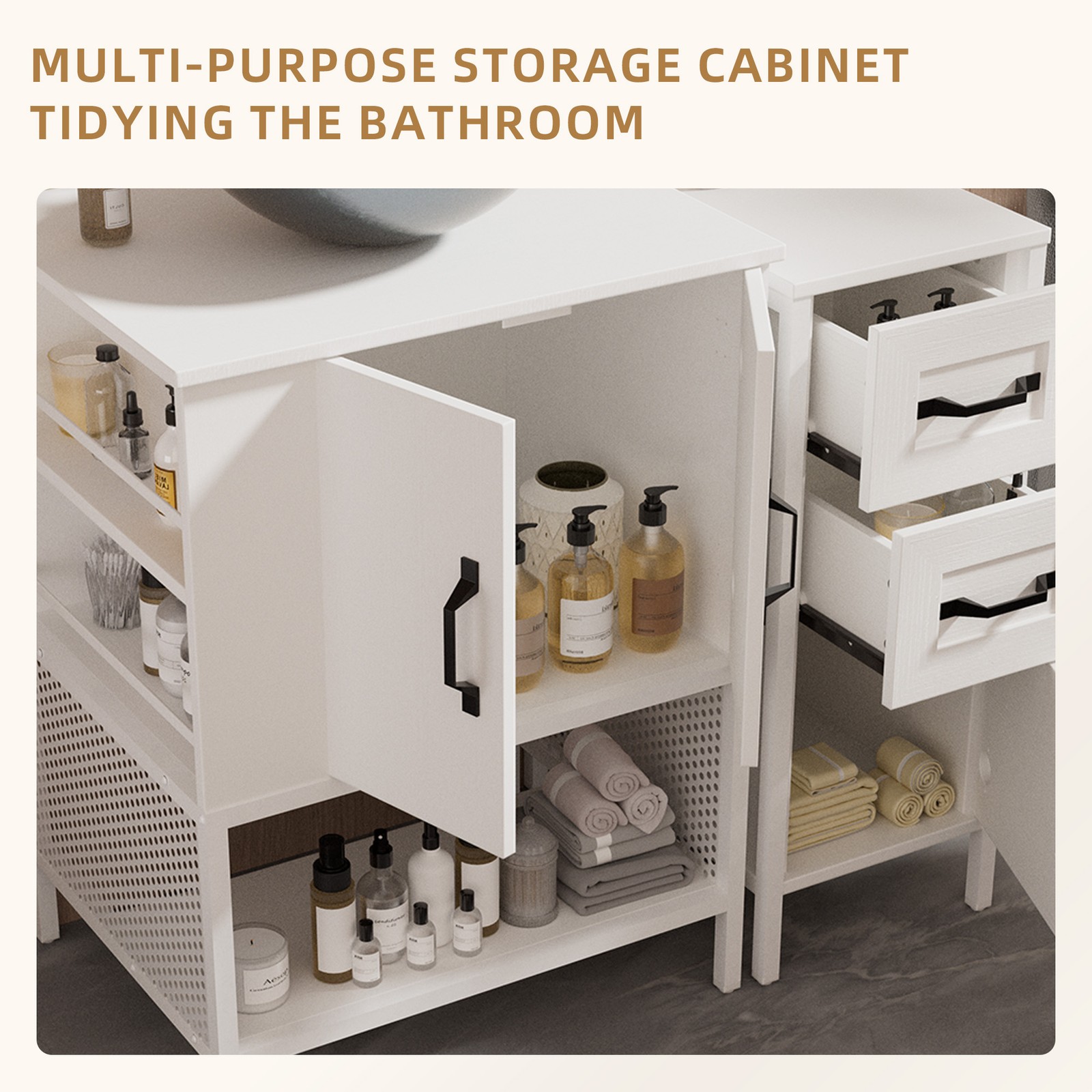 36″ Bathroom Vanity with Sink Open Shelves and 3 Storage Drawers Side Cabinet