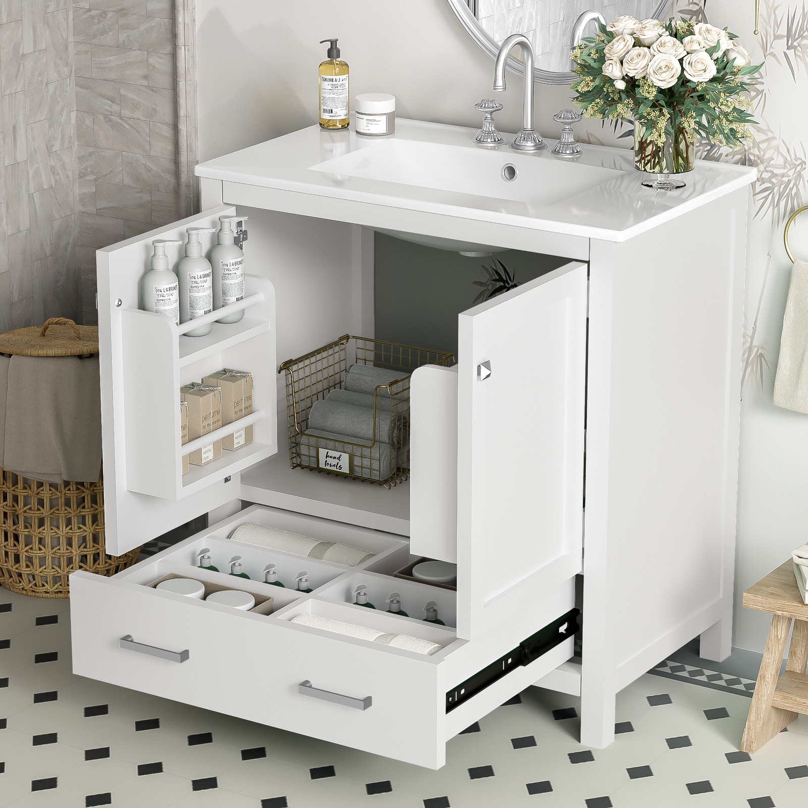 30″ White Bathroom Vanity with Single Sink & Soft Close Doors